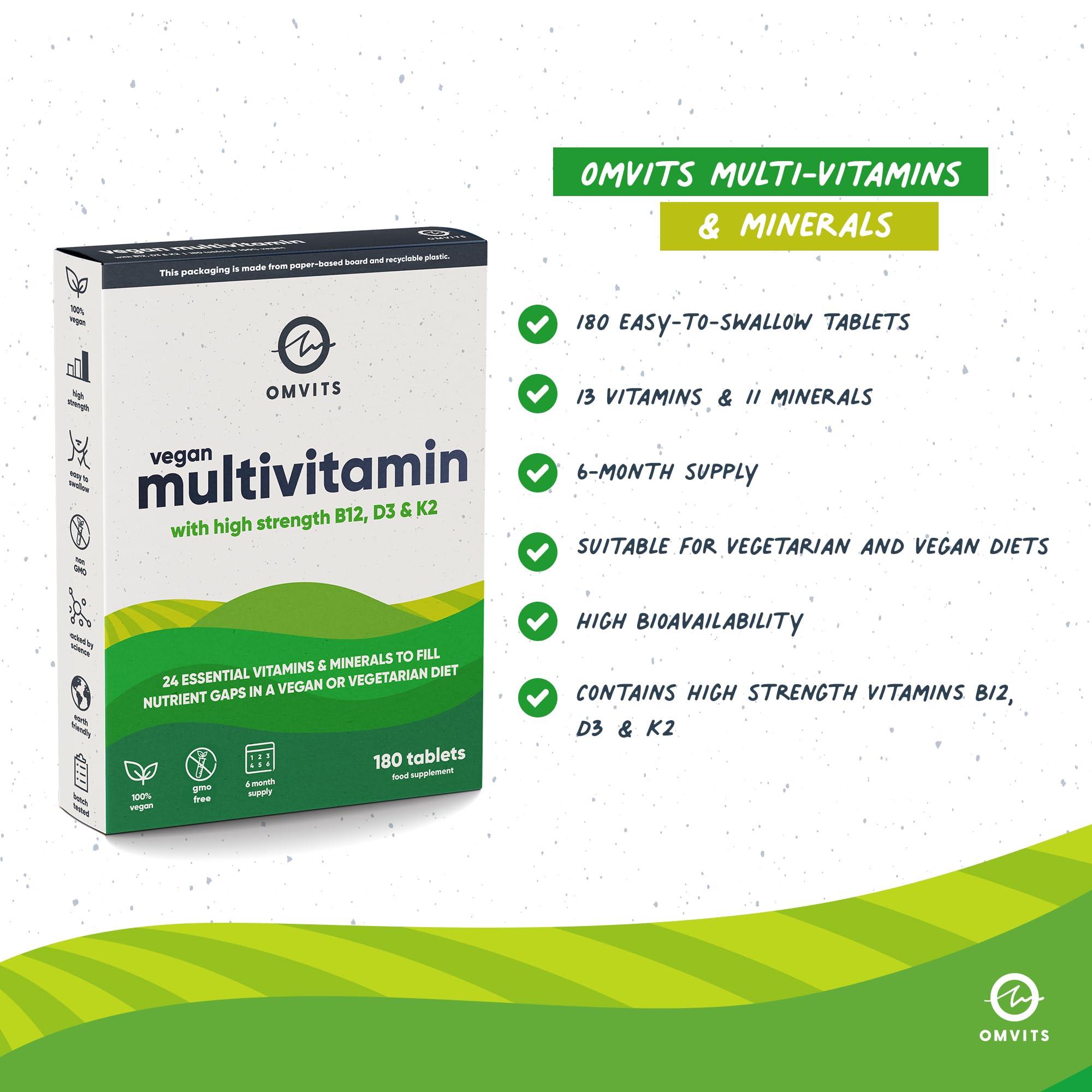 Omvits Vegan Multivitamins & Minerals - with High Strength Vitamin B12, D3, K2 & Iron - 180 Tablets in Low Waste Packaging - 6 Month Supply - Advanced Supplement for Men & Women - Palm Oil & GMO Free
