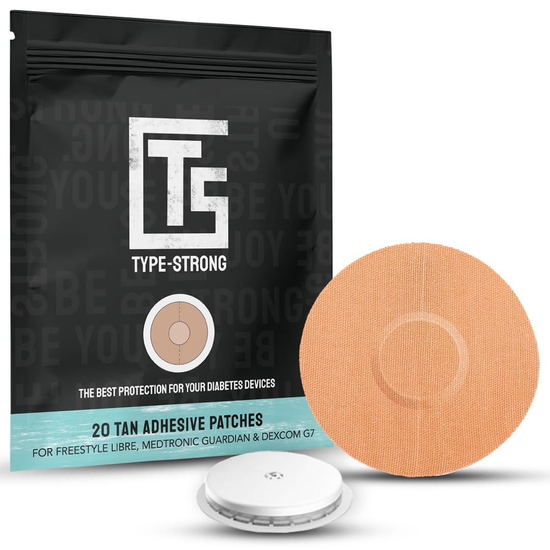 Type Strong Type Strong Adhesive Patches for Freestyle Libre 3 Sensor Covers, Libre 2, Dexcom G7, Medtronic Guardian. Pre-Cut for Sensitive Skin, Waterproof, Sweat-Resistant. 10-14 Days Protection. 20 Pack, Tan