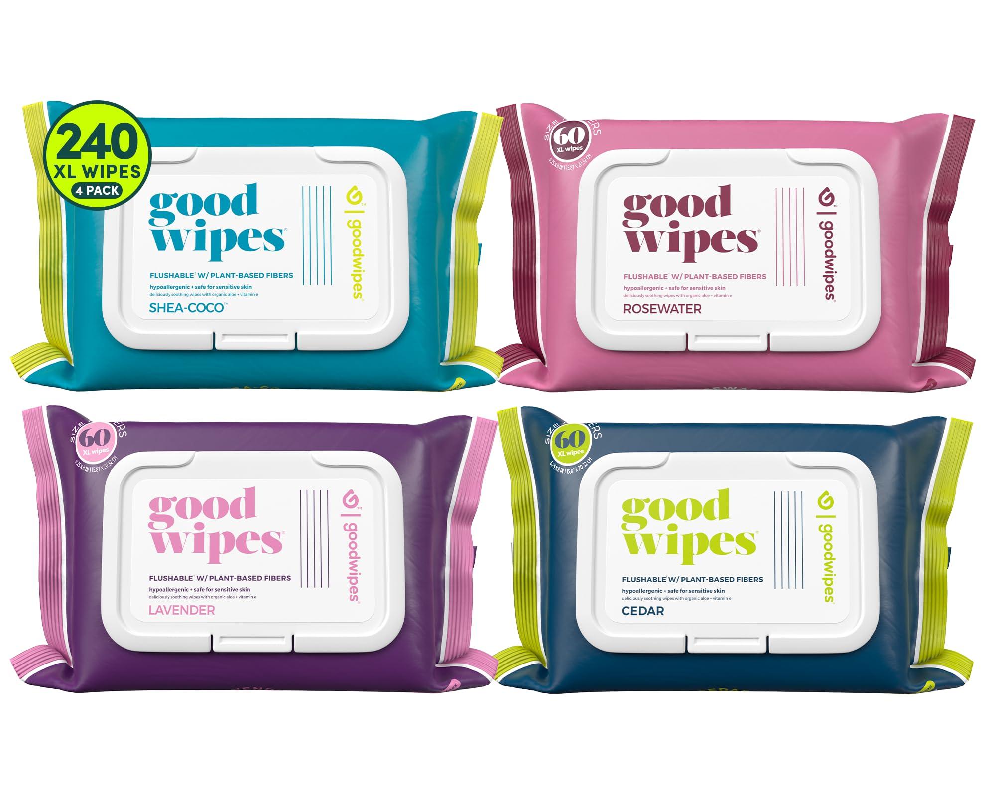goodwipes Goodwipes Flushable & Biodegradable Wipes with Botanicals, Dispenser for At-Home Use Safe, Shea-Coco with Aloe, Septic and Sewer Safe (4 Variety Scent Pack)
