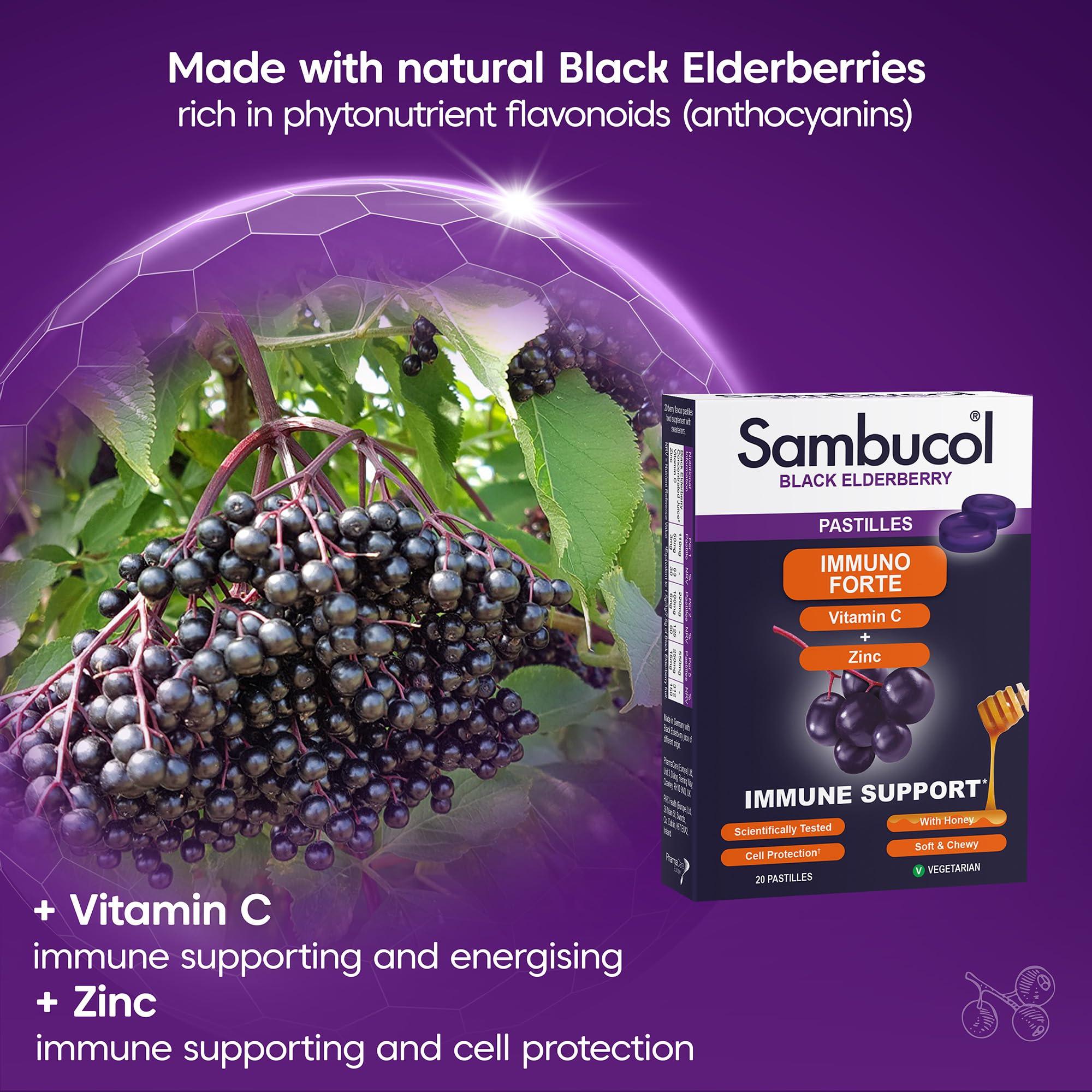 Sambucol Sambucol Natural Black Elderberry Immuno Forte Chewable Pastilles | Vitamin C | Zinc | Immune Support Supplement | 20 pastilles