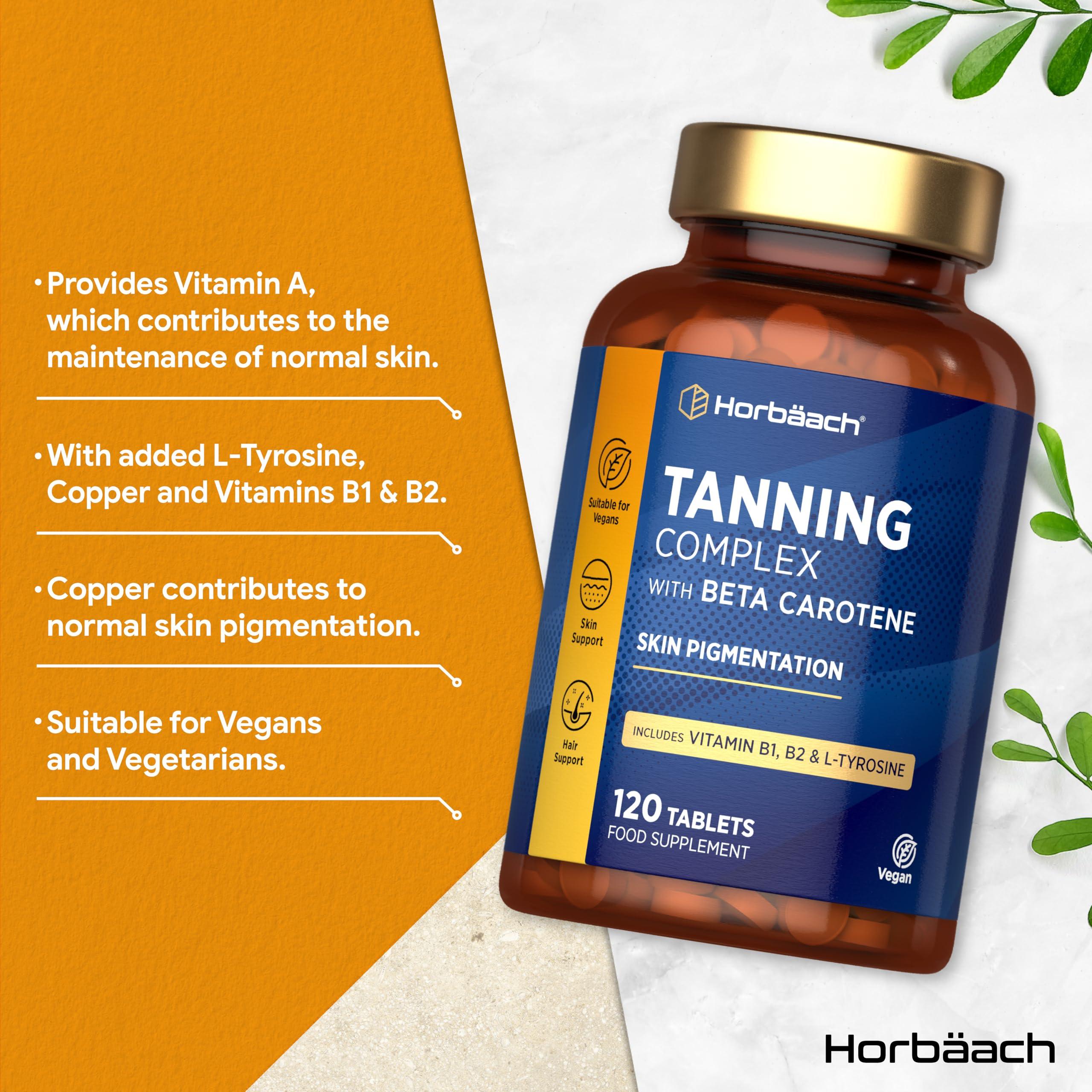 Horbach Beta Carotene Tanning Tablets | Supplement with L-Tyrosine, Copper, Vitamin B1 & B2, Zinc & Vitamin A | 120 Vegan Tablets | by Horbaach