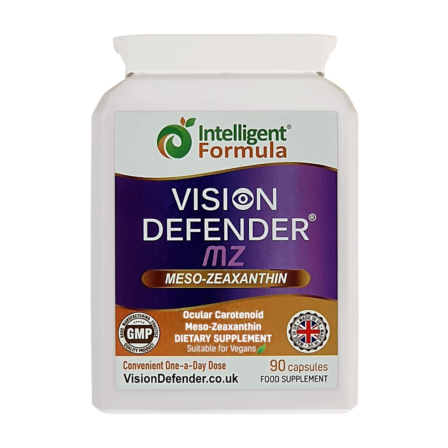 Intelligent Formula Meso Zeaxanthin Supplement - VISION DEFENDER MZ High Strength Eye Vitamins Nutrients & Antioxidant Carotenoid for Ocular Health, Eye Care & Eyesight Support Vegan (90 capsules/One-A-Day) Made in UK