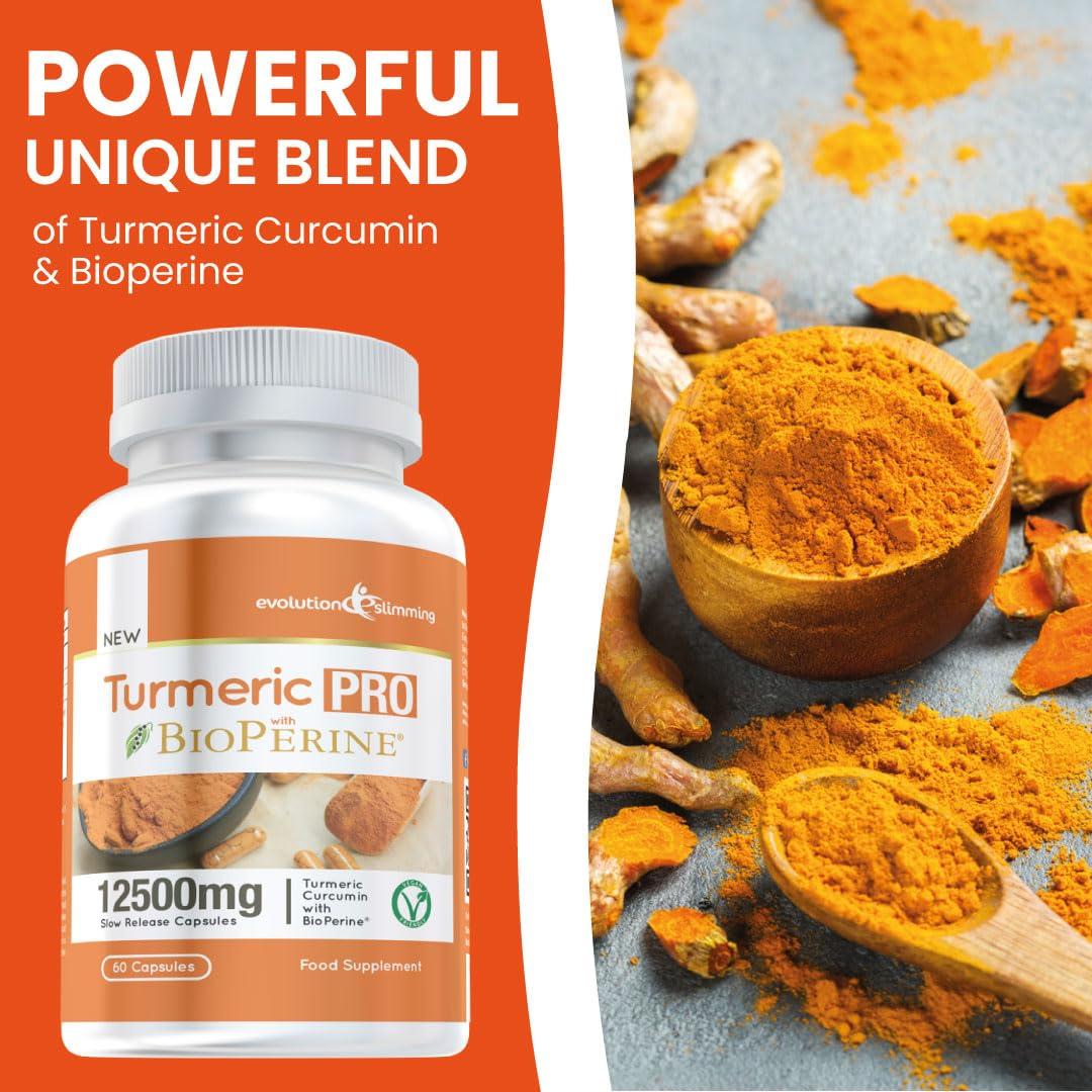 Evolution Slimming Turmeric Pro with BioPerine 12,500mg 95% Curcuminoids, Suitable for Vegetarians, 60 Capsules - Advanced Tumeric Capsules