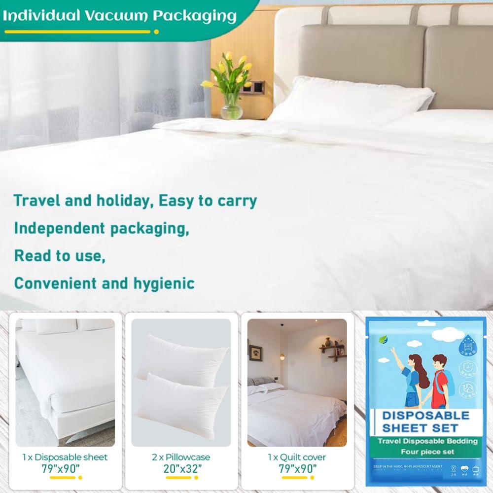 LRUUIDDE Disposable Travel Bed Sheets King Size, Disposable Hotel with Quilt Cover and Pillowcase, Disposable Bedding Travel Bedding Disposable Sheets for Business Travel Hotel Essentials( 4-Piece ) (2pack)