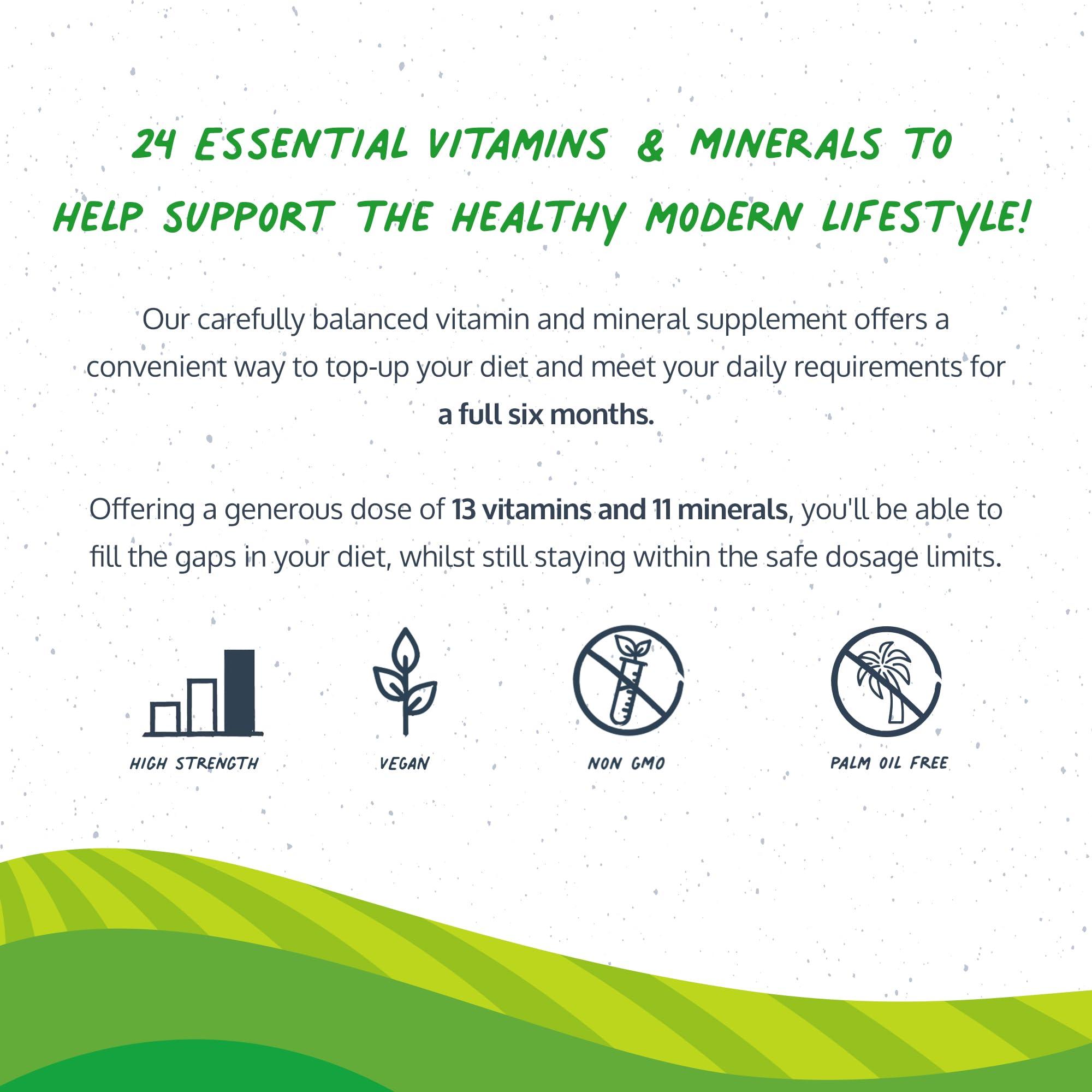 Omvits Vegan Multivitamins & Minerals - with High Strength Vitamin B12, D3, K2 & Iron - 180 Tablets in Low Waste Packaging - 6 Month Supply - Advanced Supplement for Men & Women - Palm Oil & GMO Free