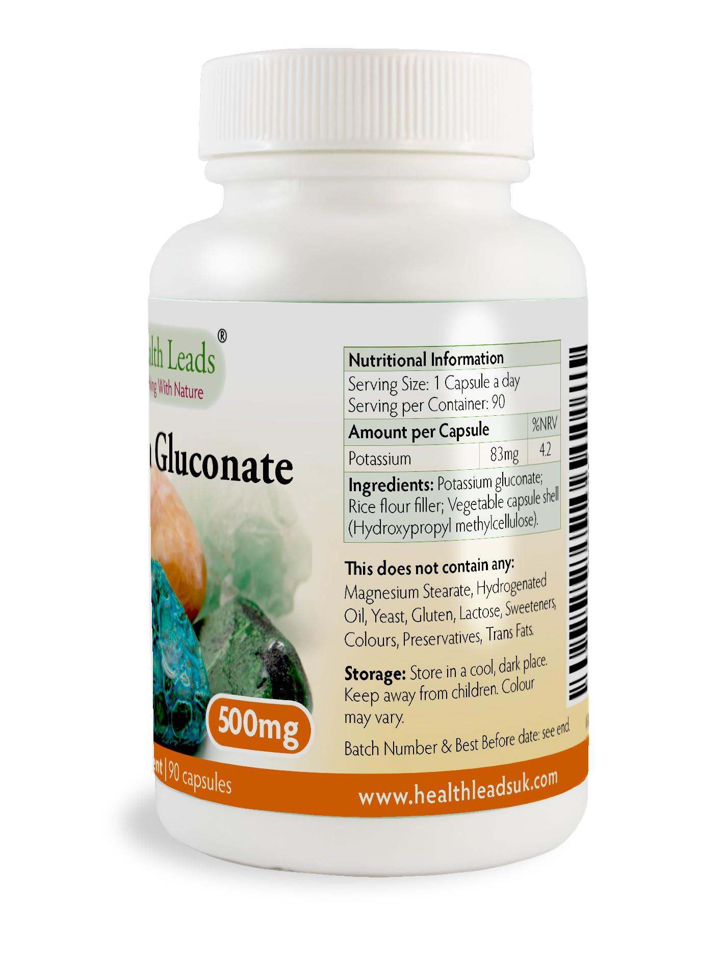 Health Leads ...Working With Nature Potassium Gluconate 500mg x 90 Capsules (100% Additive Free Supplements)