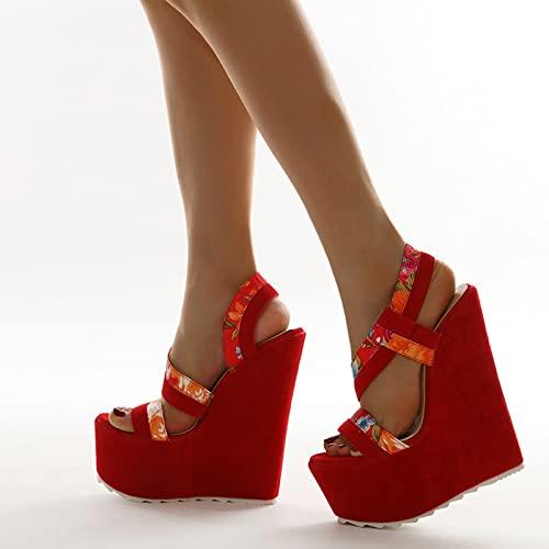 woileRQ woileRQ Women's Red Platform Wedges Sandals,Summer Peep-toe High Heels,Wedding Party Dress Heeled Sandals,Red,35