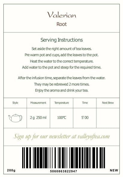 Valley of Tea Valerian Root Organic Herbal Tea - Calming And Relaxing - Good Night Rest - Valeriana Officinalis Roots 200g