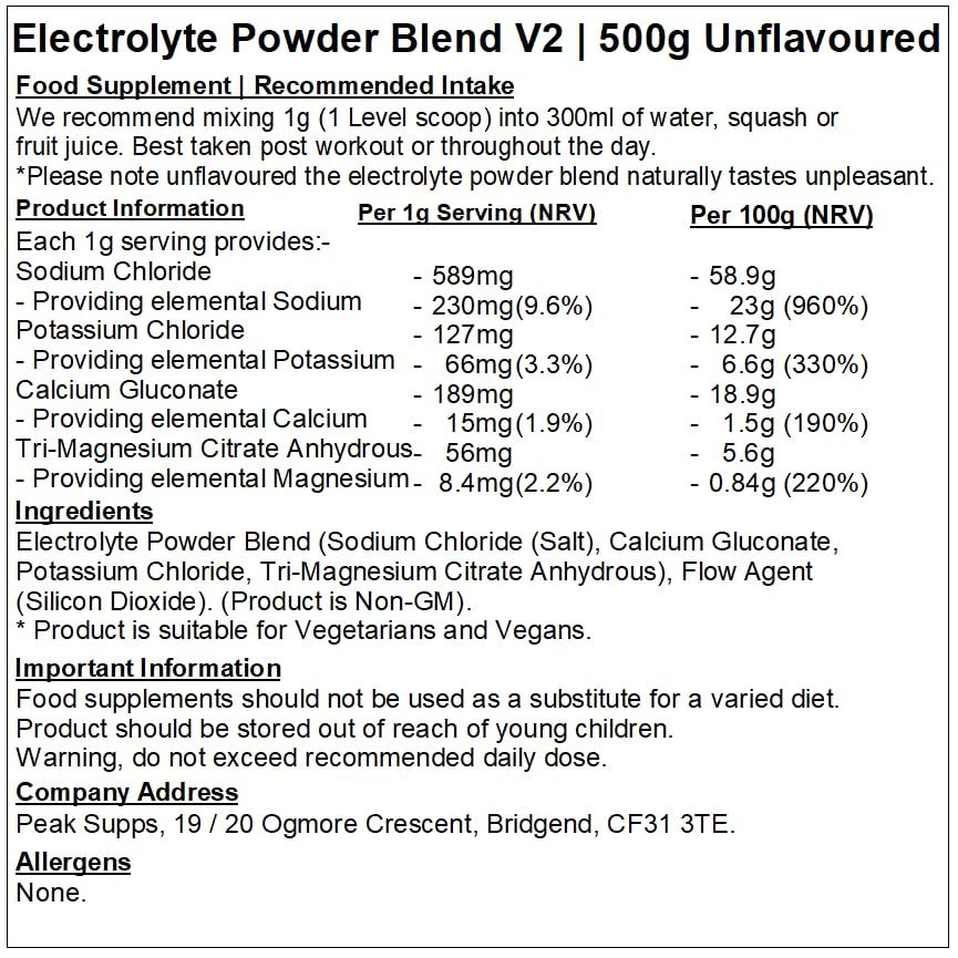 Peak Supps Electrolyte Powder Blend 500g - Calcium, Magnesium, Potassium & Sodium