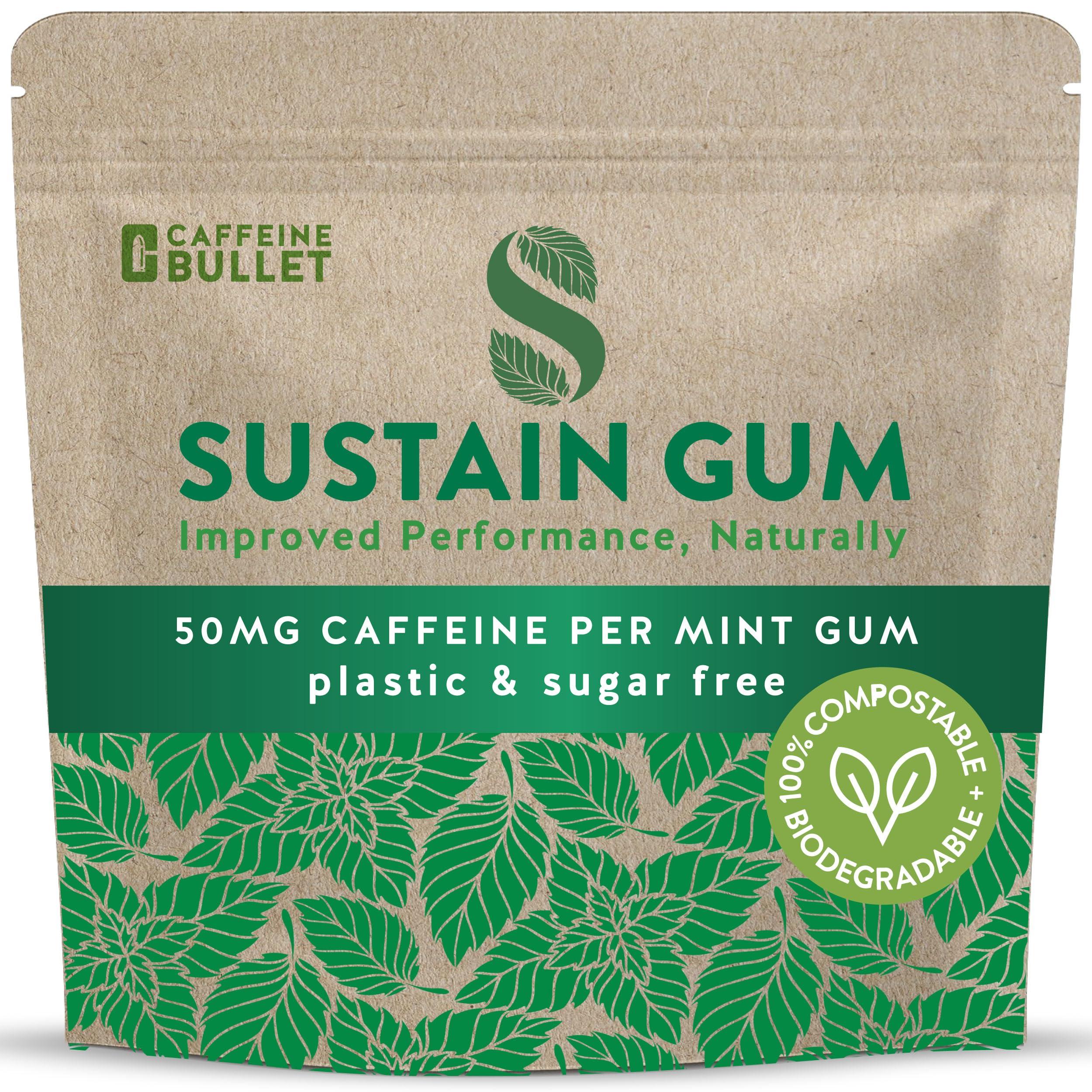 Caffeine Bullet Sustain Caffeine Gum - Natural Mint Energy. 192 Pieces, 50 mg each - Biodegradable, Sugar-Free, Contains Xylitol, Plant-Based & Plastic Free with No Aspartame - 16 Packets