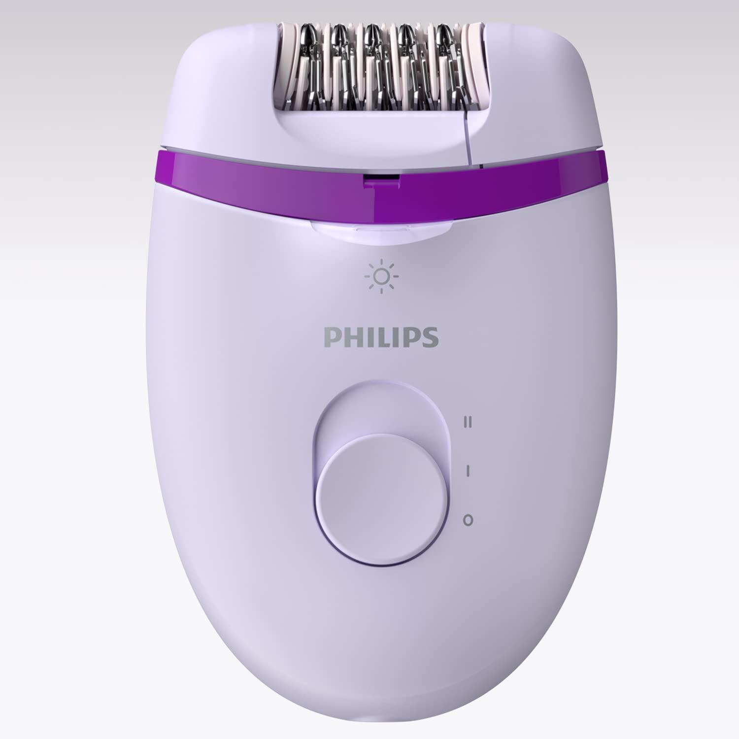 PHILIPS Philips Satinelle Essential Compact Epilator BRE275/00 - Epilation Made Easy, Smooth Skin for Weeks for Legs and Sensitive Areas, with Opti-Light, Includes 4 Accessories, Purple