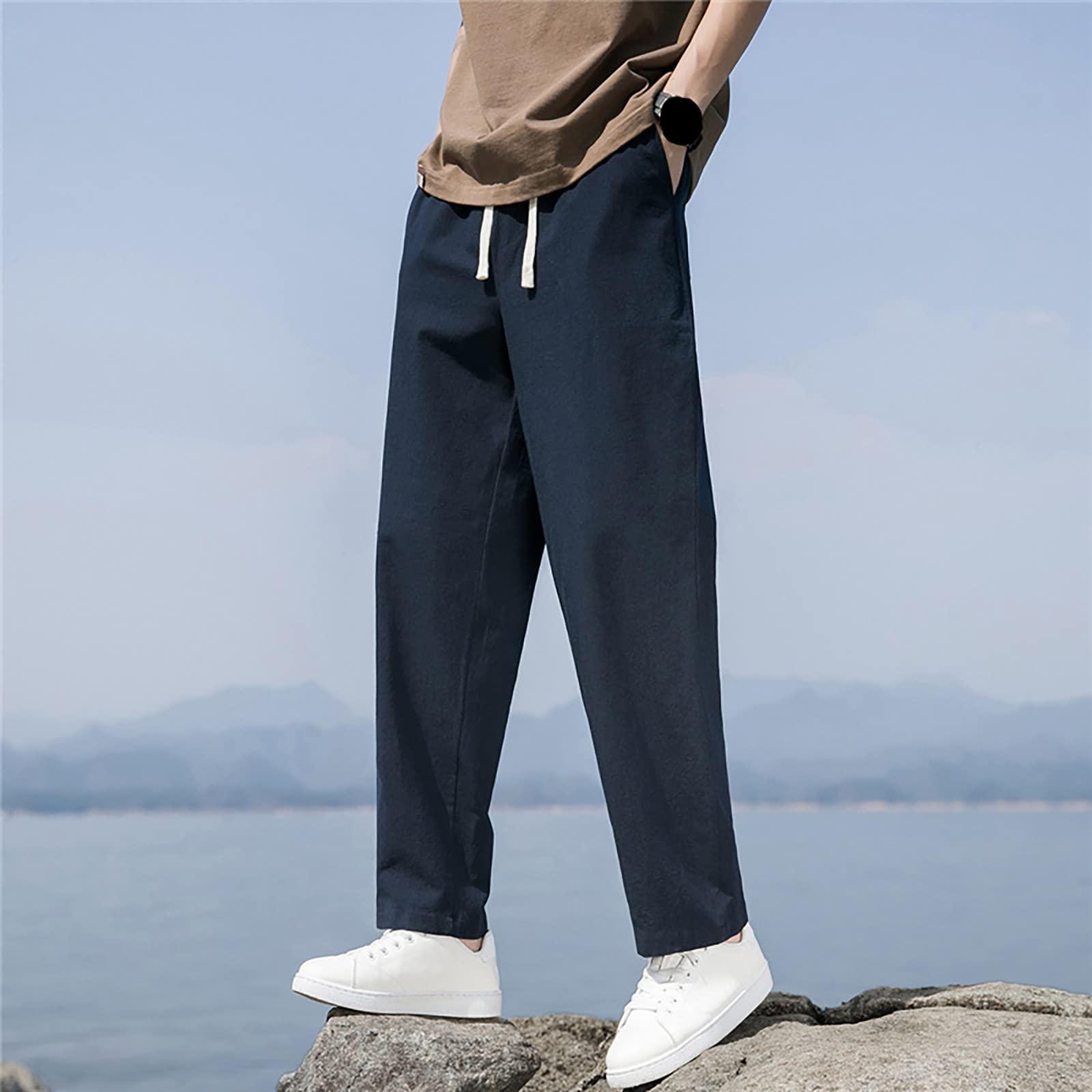 Gefomuofe Gefomuofe Men's Linen Trousers Breathable Cotton Linen Fabric Trousers Summer Trousers Men's with Elastic Band Men's Trousers Casual with Stretch Leisure Trousers Casual Beach Trousers, navy, XXL