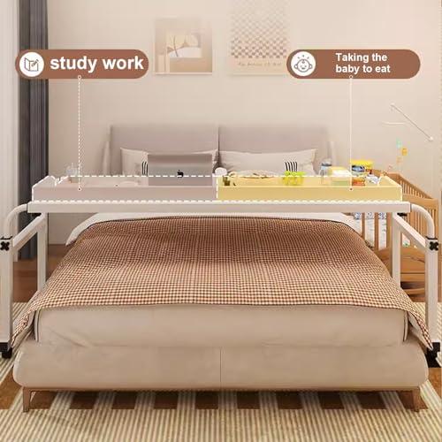 FreshCart Basics Rolling Bed Table, Adjustable Height Over Bed Table with Wheels for Queen Size Beds - Mobile Computer Desk, Laptop Cart, Standing Workstation