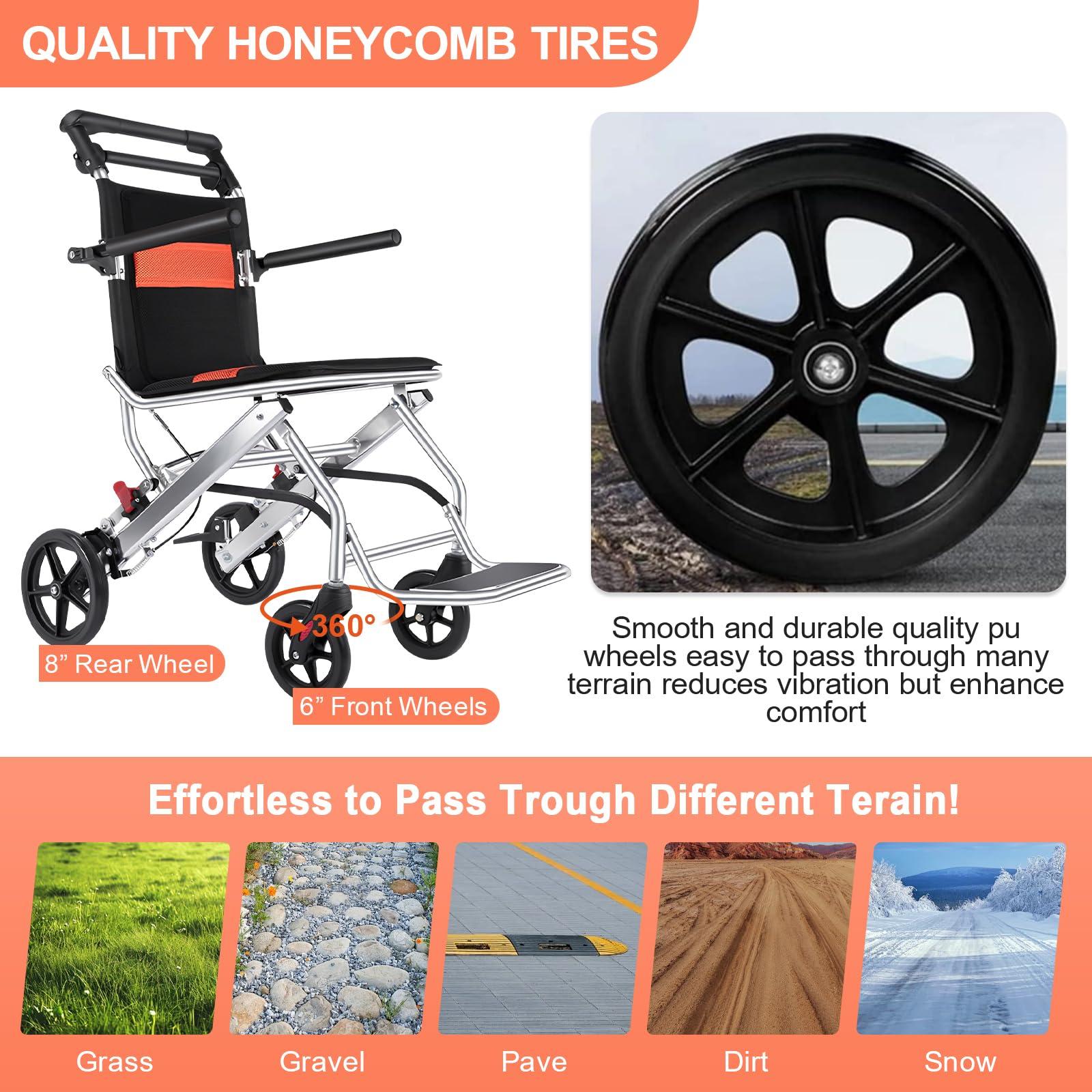 FreshCart Basics Lightweight Wheelchair, Portable Foldable Wheelchairs, Hand Brake Aluminum Alloy Ultra Lightweight Travel Wheelchair, for Adults Children