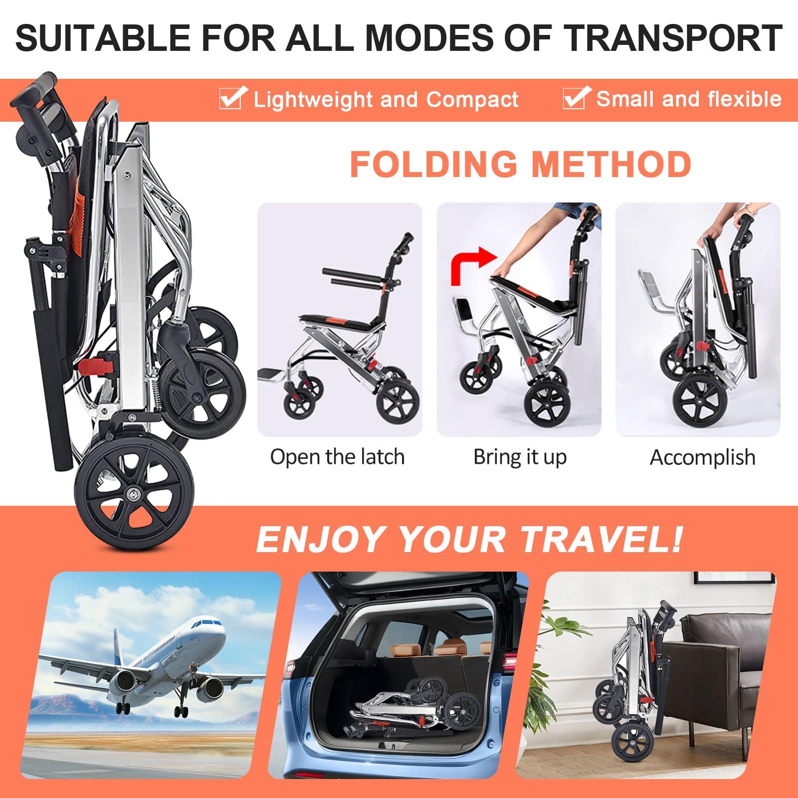 FreshCart Basics Lightweight Wheelchair, Portable Foldable Wheelchairs, Hand Brake Aluminum Alloy Ultra Lightweight Travel Wheelchair, for Adults Children