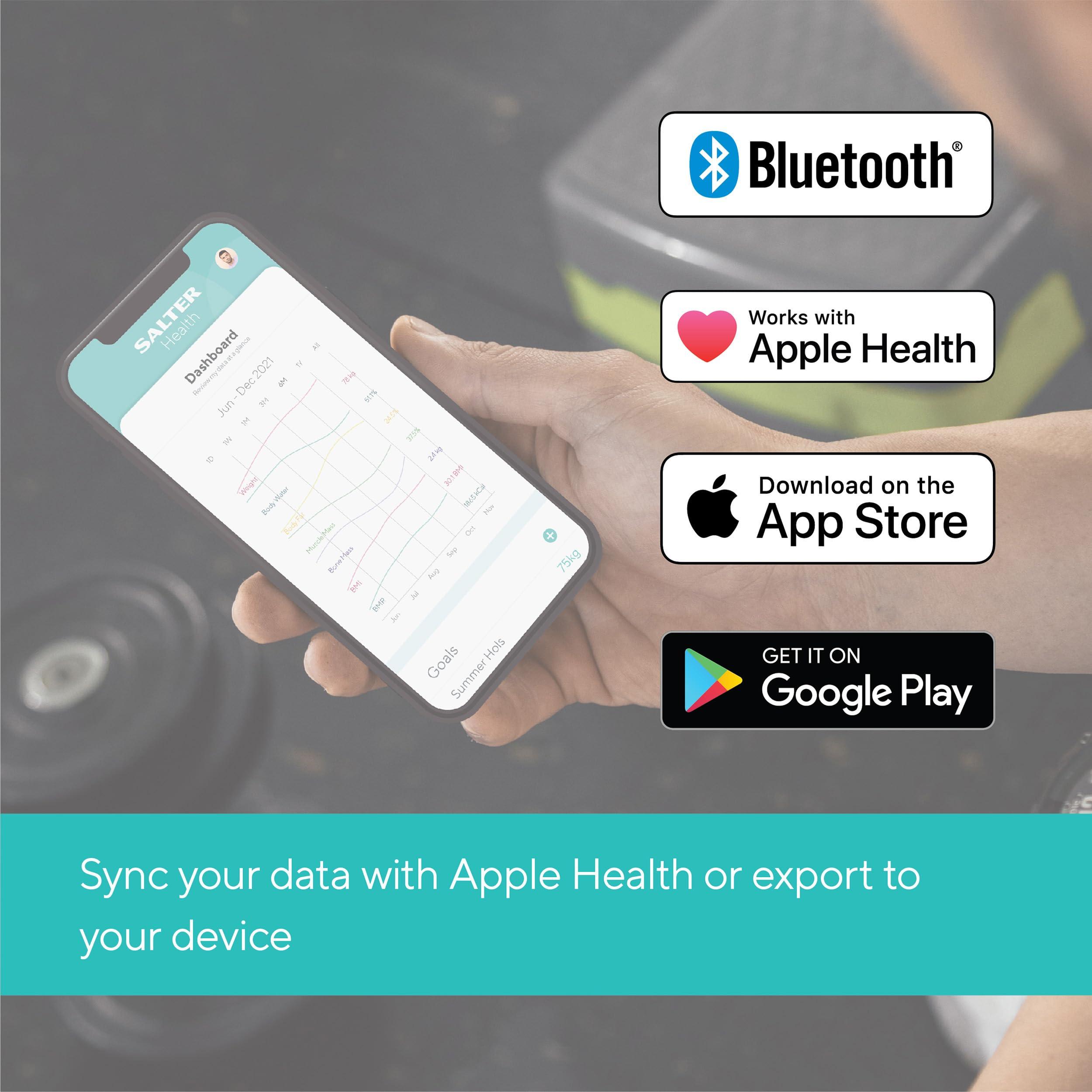 Salter Salter SA00432GFEU6 Bathroom Smart Scale Bluetooth Digital Scale, 200kg, Measure Weight, Body Fat/Water, Muscle/Bone Mass, BMI/BMR, 8 User Memory, Connect to Phone with Free Salter Health App, Grey