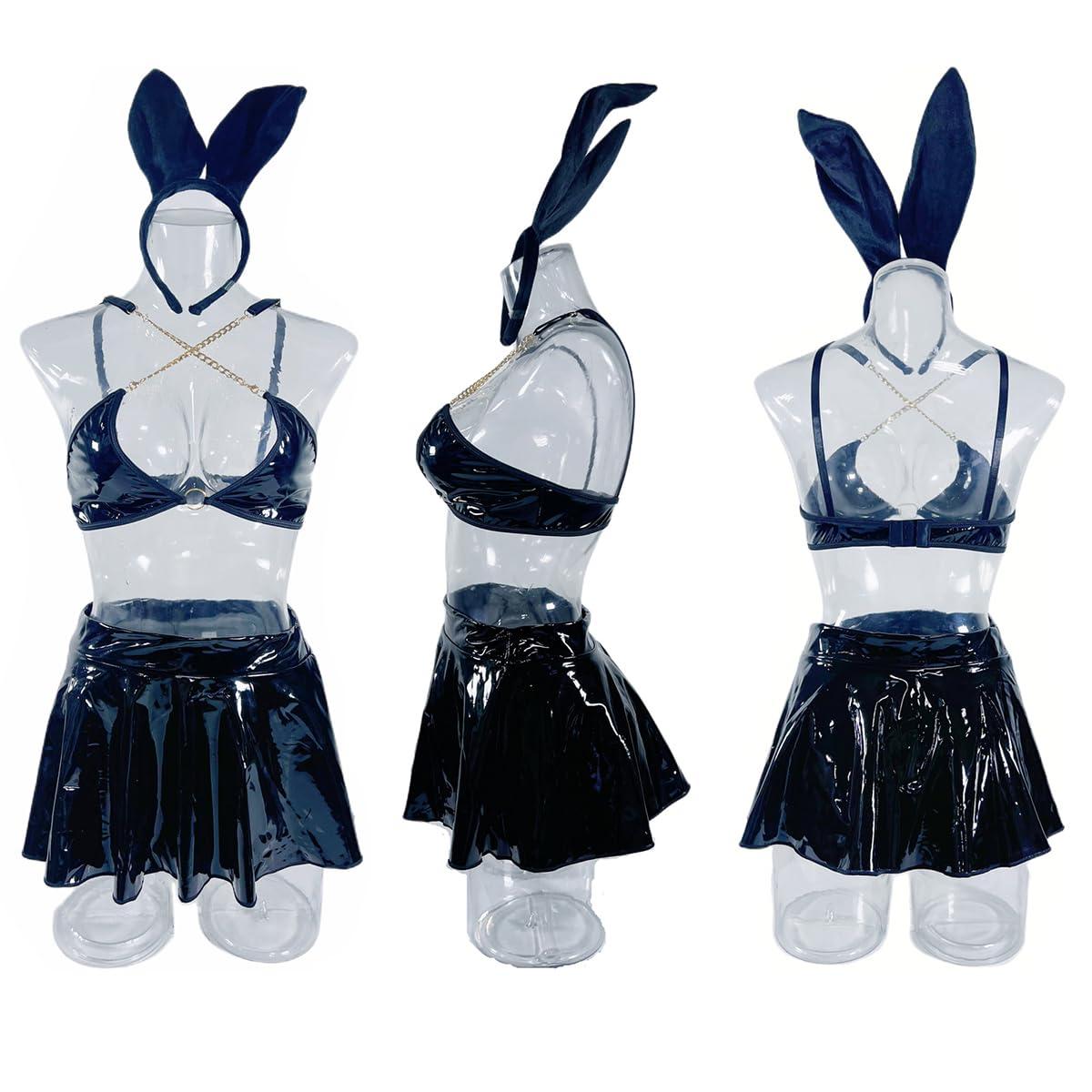 NewBull NewBull Women Wetlook Patent Leather Lingerie Set 2 Pieces Womens Faux Leather Outfit with Metal Chain Club Latex Cosplay Costume with Mini Skirt Halloween Costume for Bunny (Black)