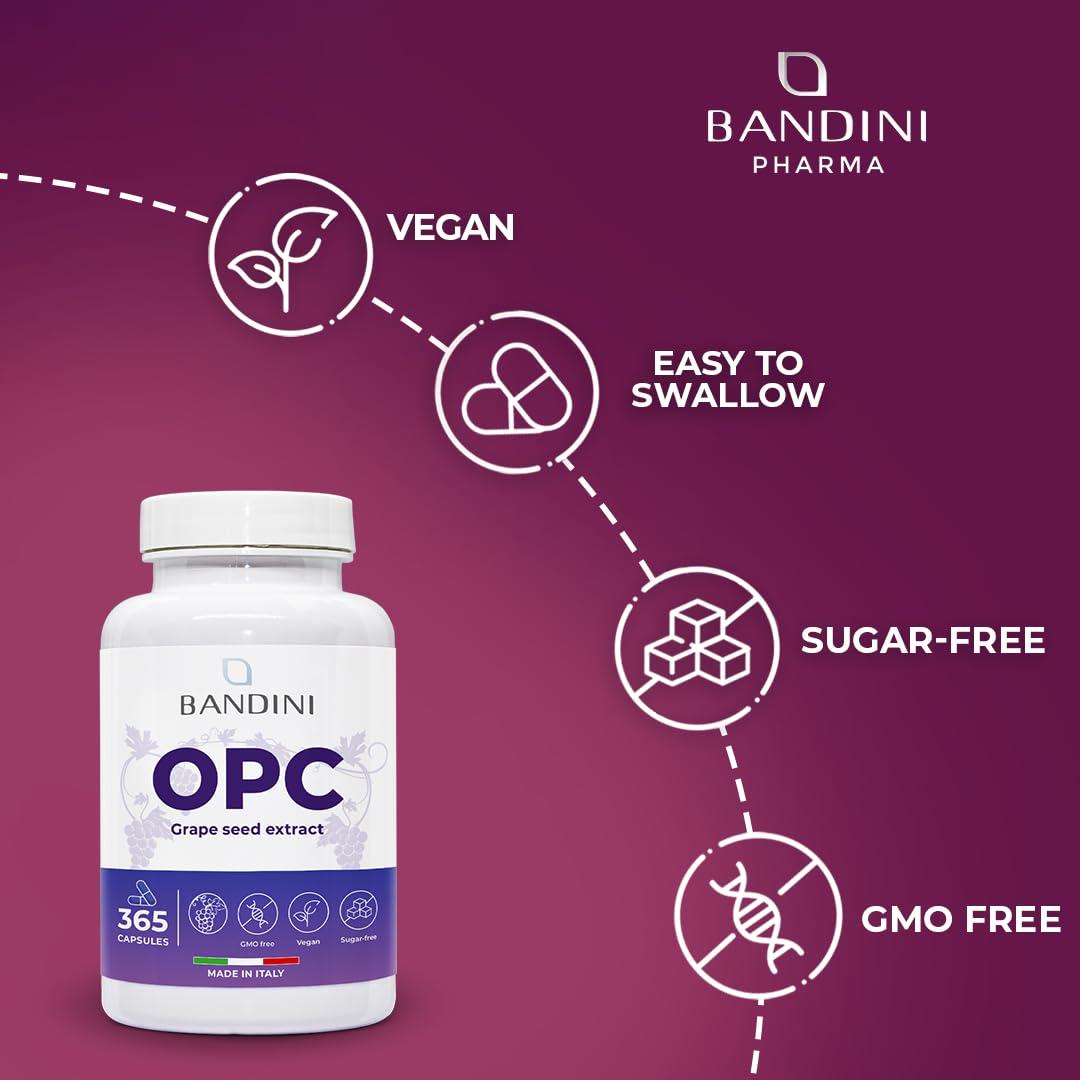 BANDINI Bandini OPC Supplement (95%) Grape Seed Extract | 1076mg OPC + Vitamin C | 365 Capsules | High Strength Antioxidant | Pure Oligomeric Proanthocyanidin 95% from Italian Grapes | Highest HPLC Content