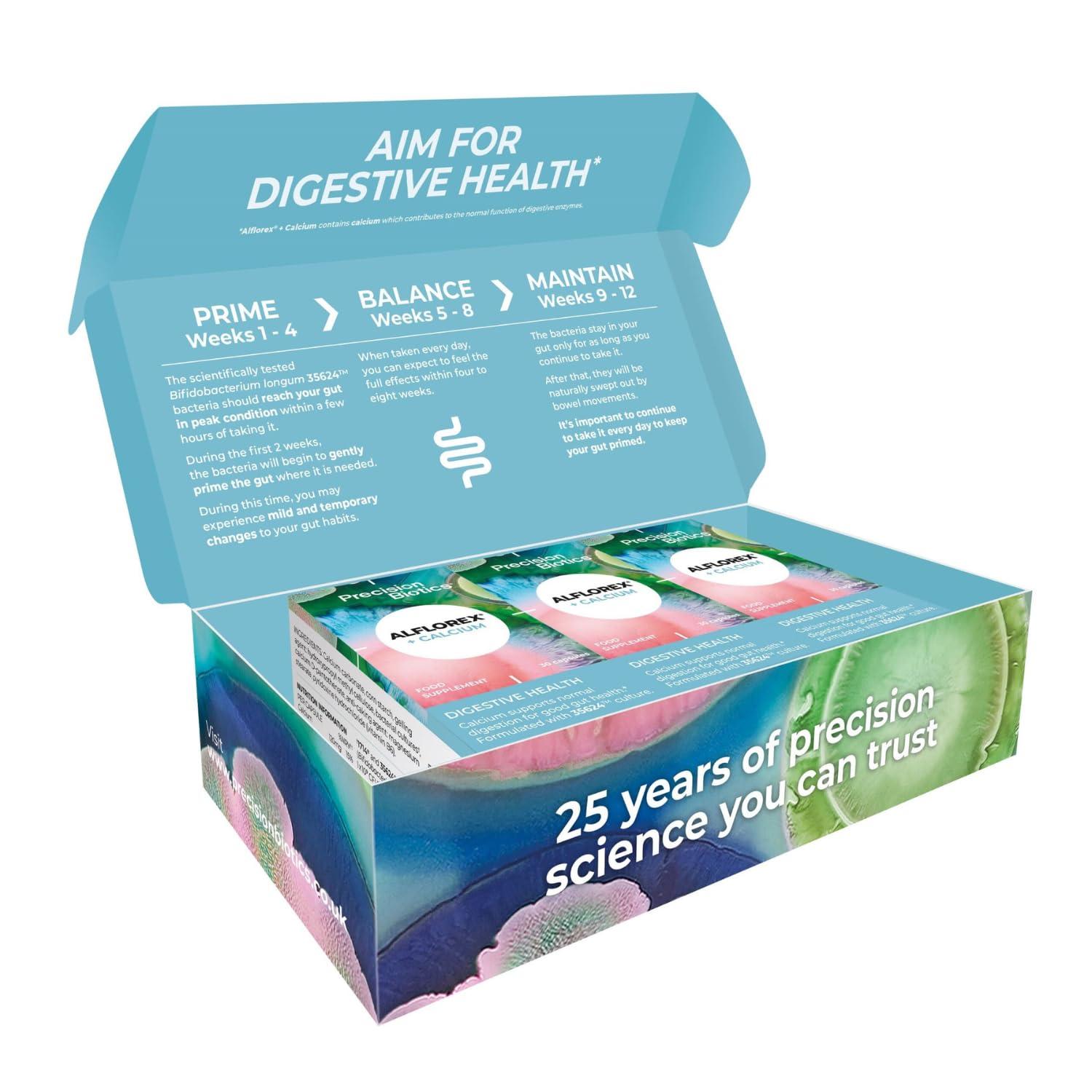 PrecisionBiotics Alflorex + Calcium 12 Week Plan - Daily Gut Health Probiotics Supplement with Unique Bifidobacterium Longum Bacteria Strain 35624 + Calcium - Bacterial Cultures - 90 Capsules