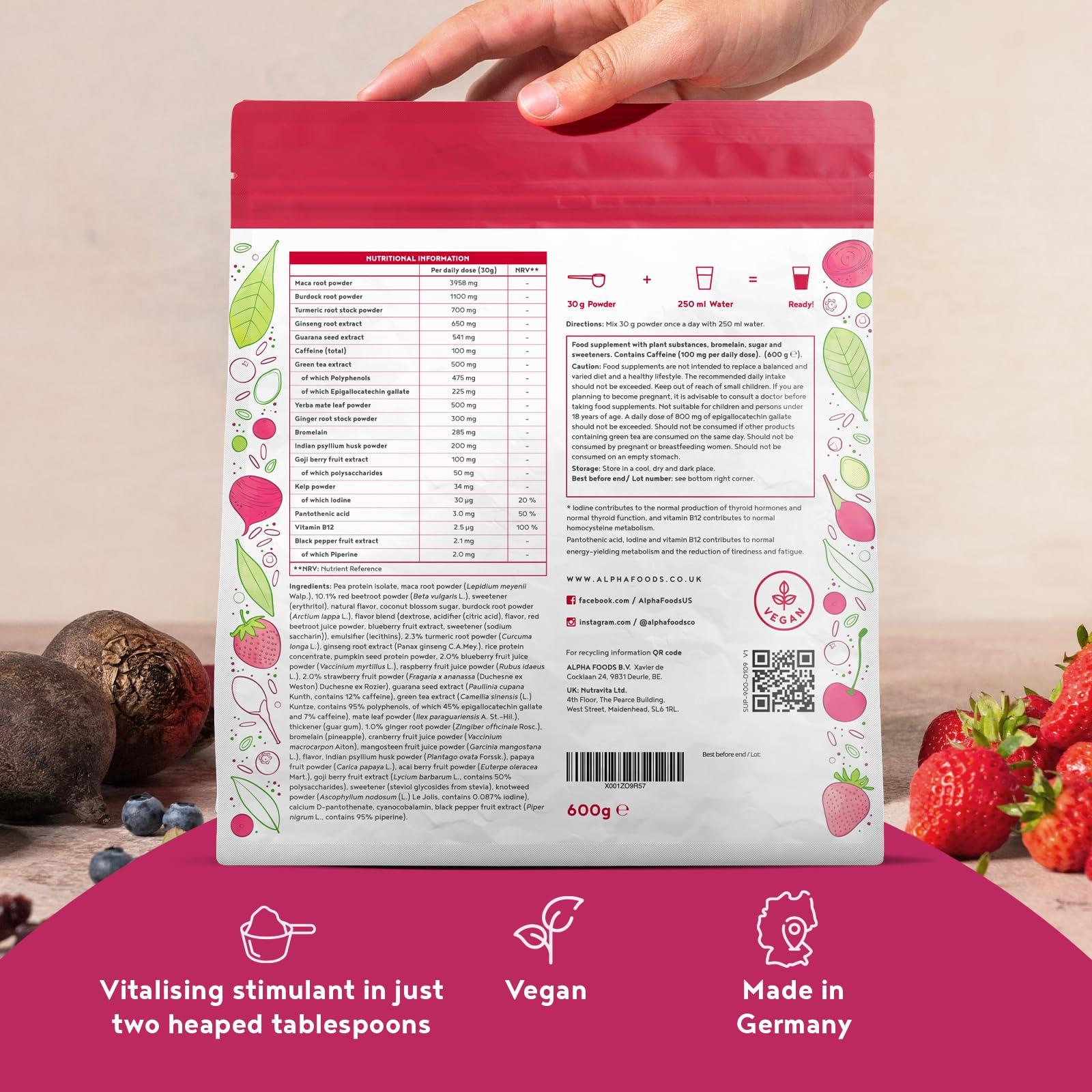 Alpha Foods Super Berry Energy Powder 600g | Vegan Superfood Blend | Smoothie Drink Mix for Shakes | Supports Energy, Immunity & Metabolism | with Acai, Goji, Maca, Turmeric, Guarana & Vitamin B12 | Alpha Foods