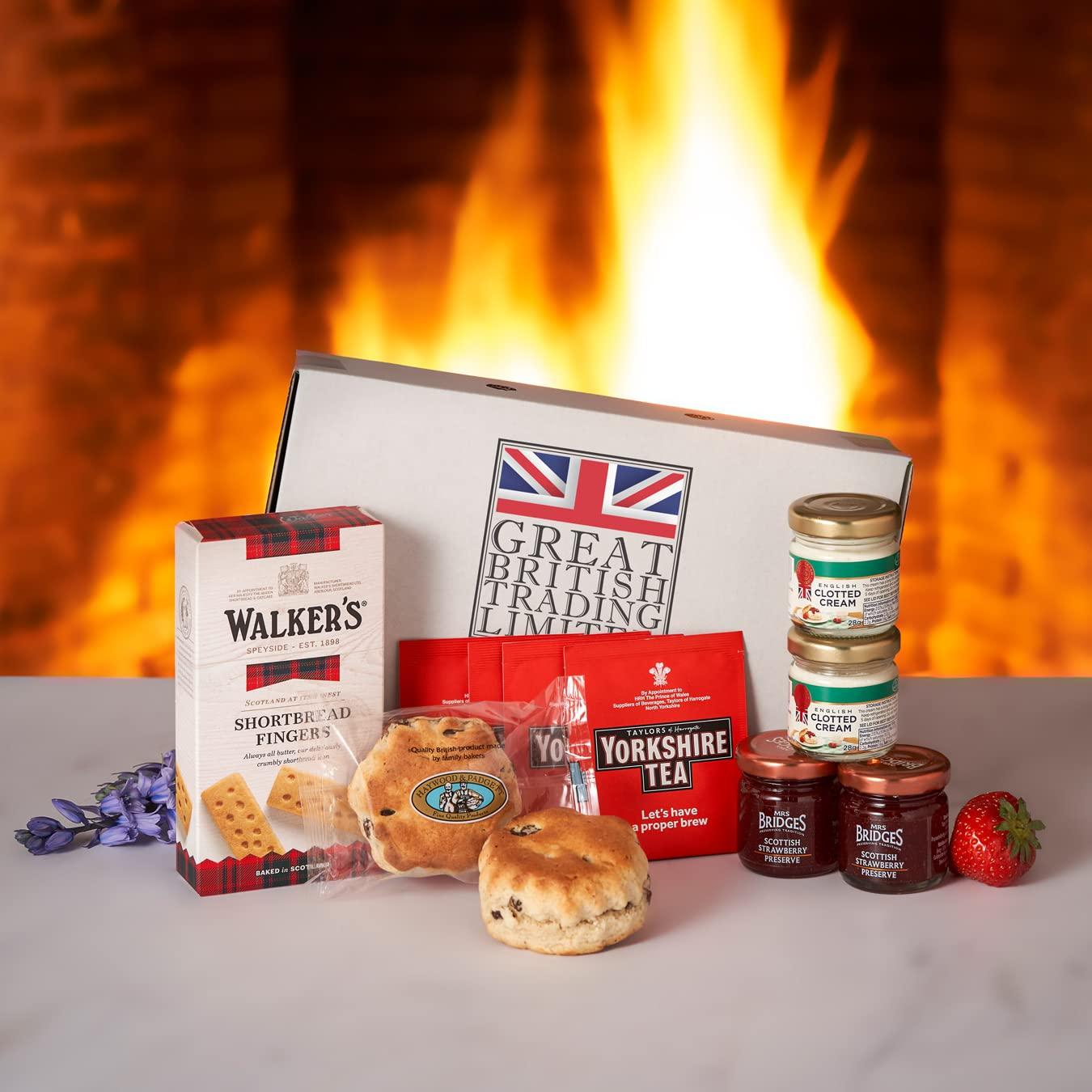 GREAT BRITISH TRADING LIMITED Afternoon Tea Gift Hamper with Scones, Strawberry Jam, Clotted Cream, Tea Bags and Shortbread, from Great British Trading