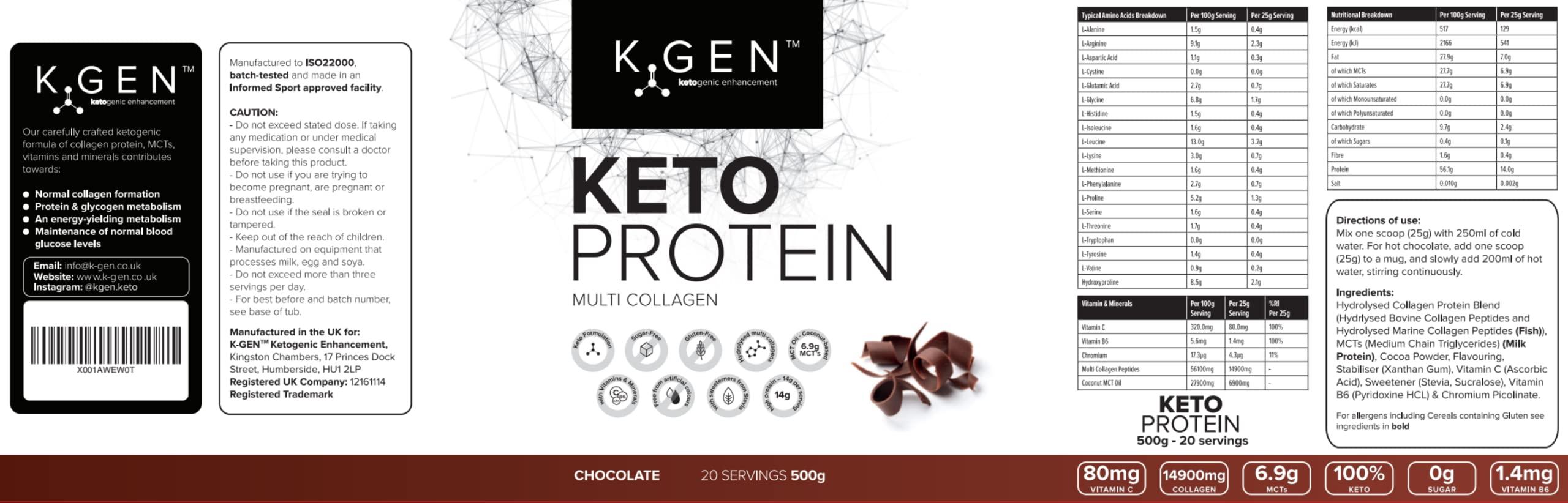 K GEN ketogenic enhancement K-GEN Keto Collagen Protein Powder Natural Multi Collagen Chocolate Blend, Coconut MCT Vitamin C+B6 | UK Made Advanced Ketosis for Keto & Paleo | Low Carb Free-from: Sugar, Whey & Gluten