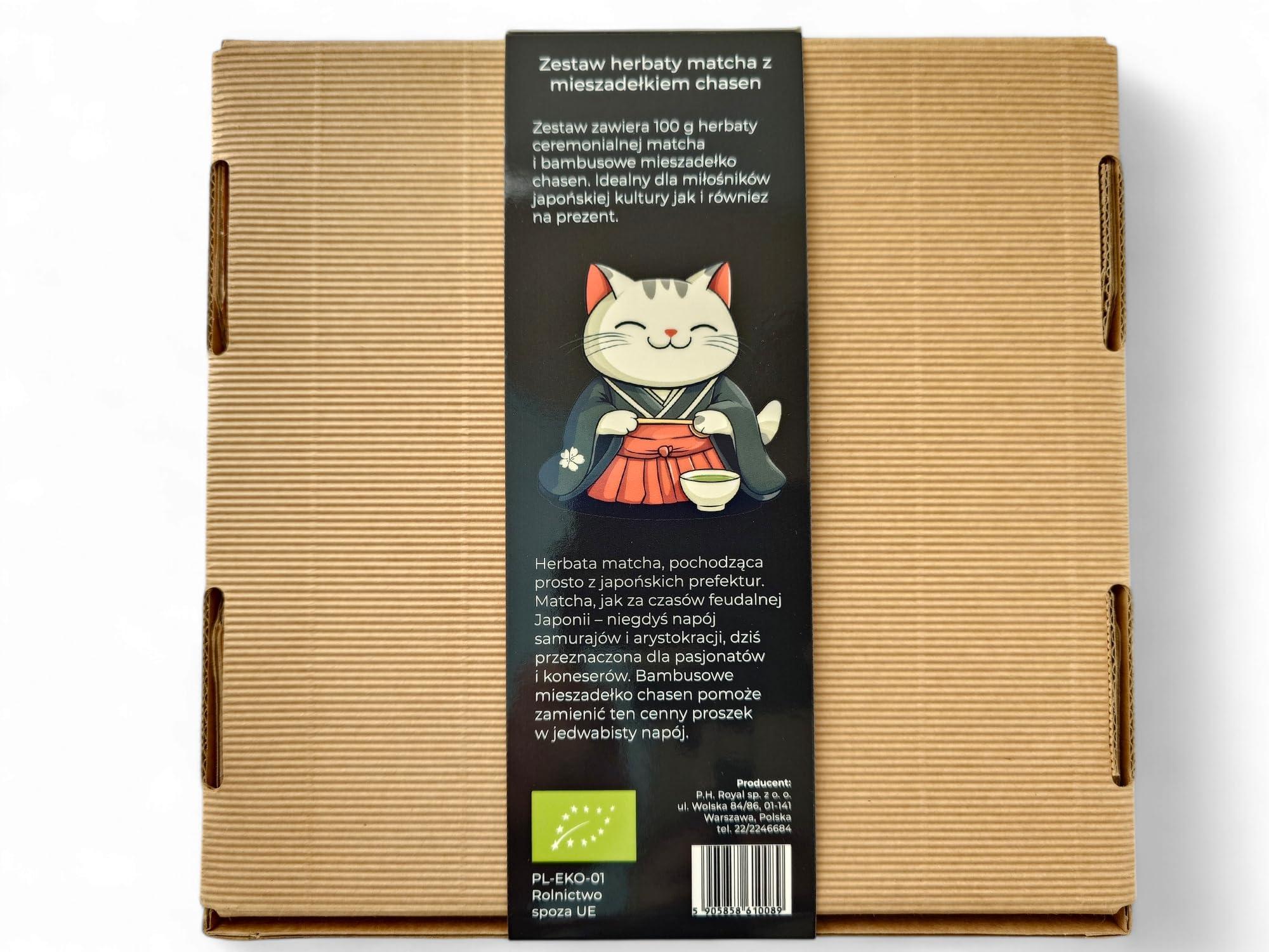 Royal Brand Royal Brand Matcha Set 100 g Organic Matcha Powder and Matcha Broom in Gift Box with Cute Cat Matcha Tea Powder Organic Original Green Tea from Japan Japanese Ideal for Drinking Green Tea for Latte