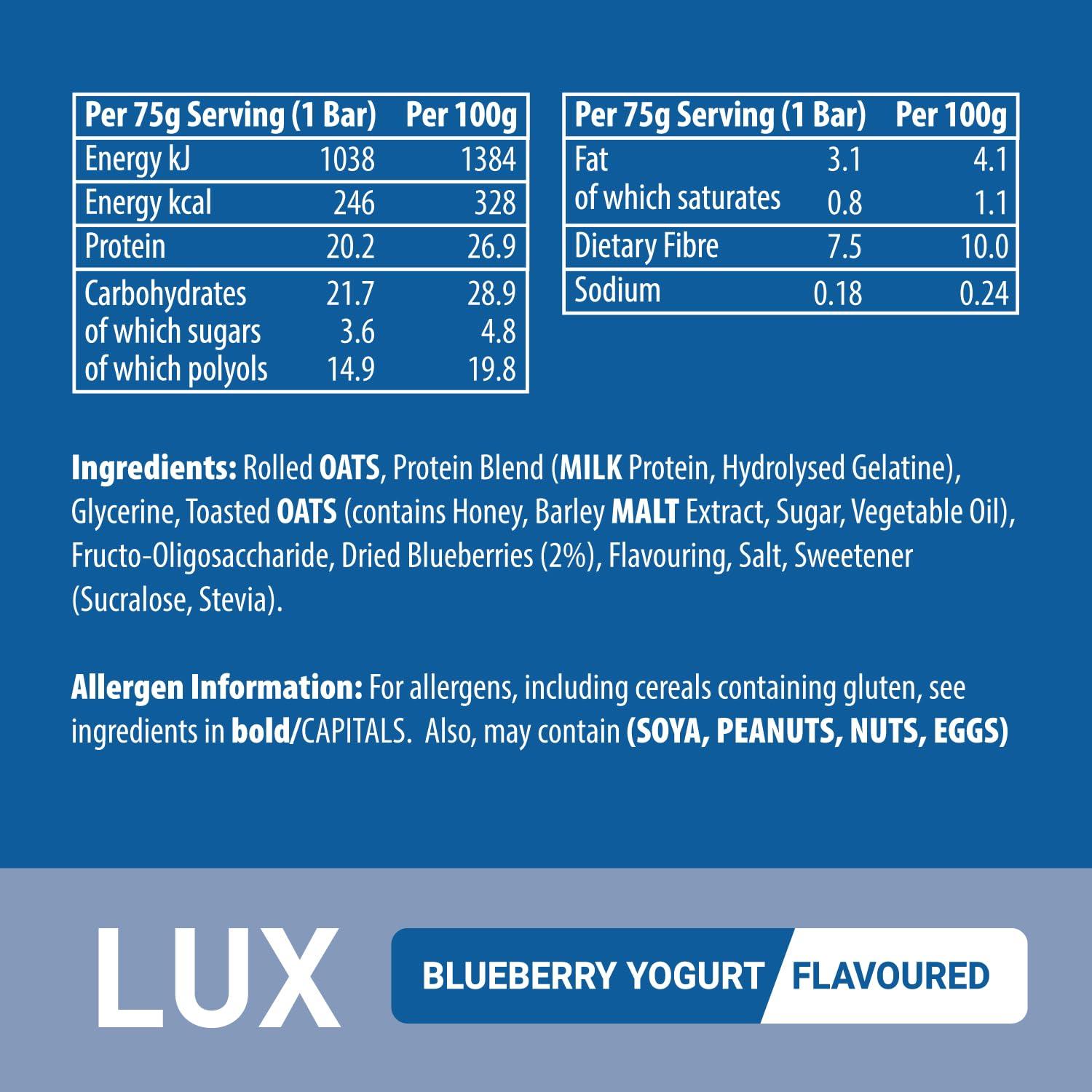 Bodybuilding Warehouse Premium LUX Protein Flapjack Bars - High Protein, Low Sugar Snack Bodybuilding Warehouse - Blueberry Yogurt (24 x 75g)