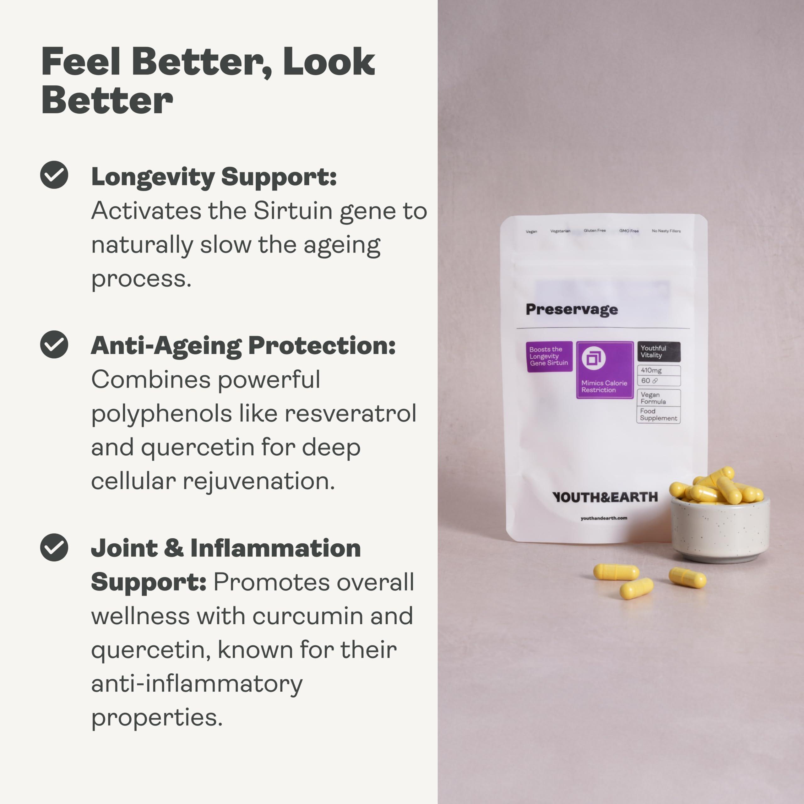 Youth & Earth Youth & Earth Preservage (Curcumin,Trans Resveratrol,Quercetin, & BioPerine) 410mg - Resveratrol Supplements for Sirtuin Activation - Mimics Calorie Restriction - 60 Capsules