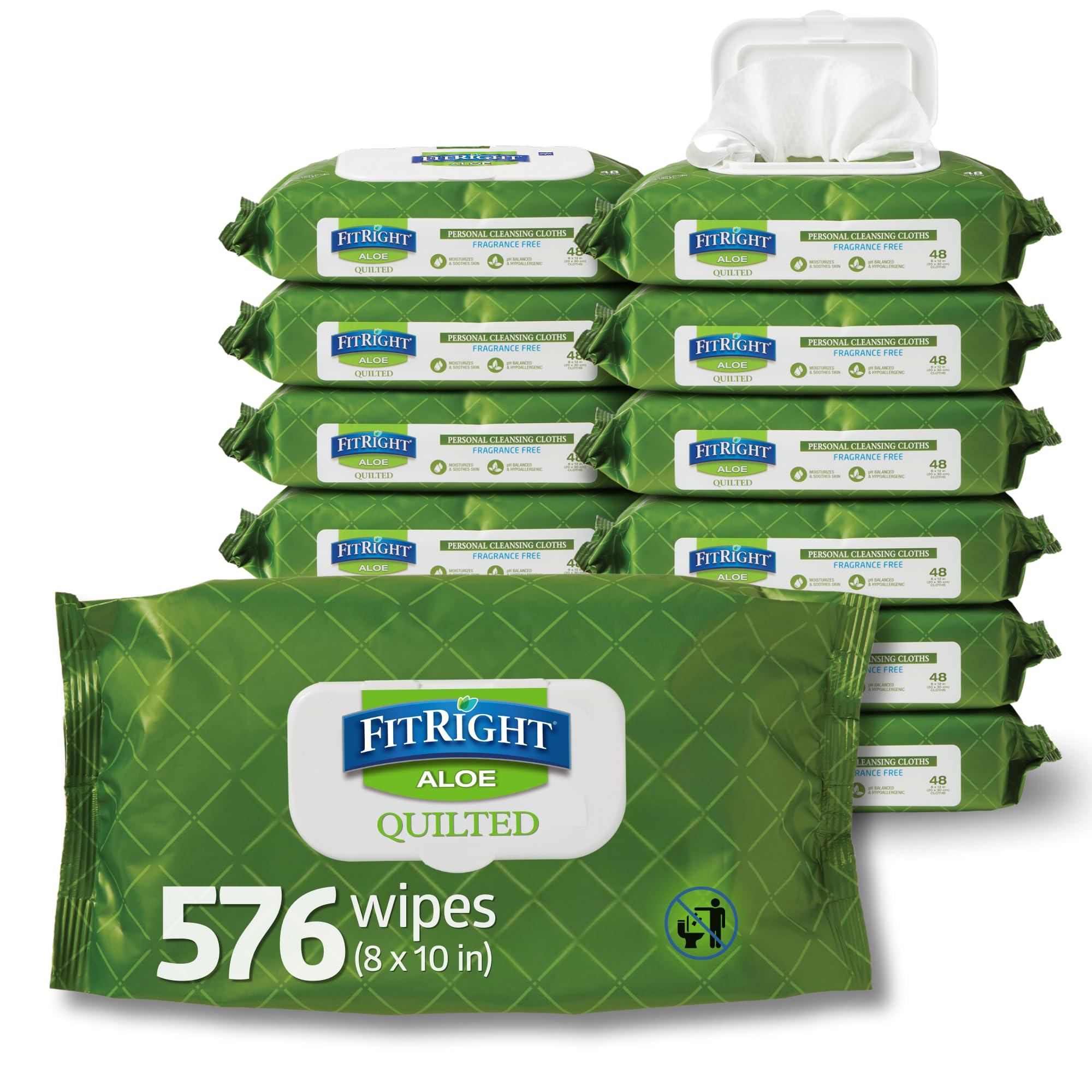 MEDLINE FitRight Aloe Quilted Heavyweight Personal Cleansing Cloth Wipes, Unscented, 576 Count, 8 x 12 inch Adult Large Incontinence Wipes