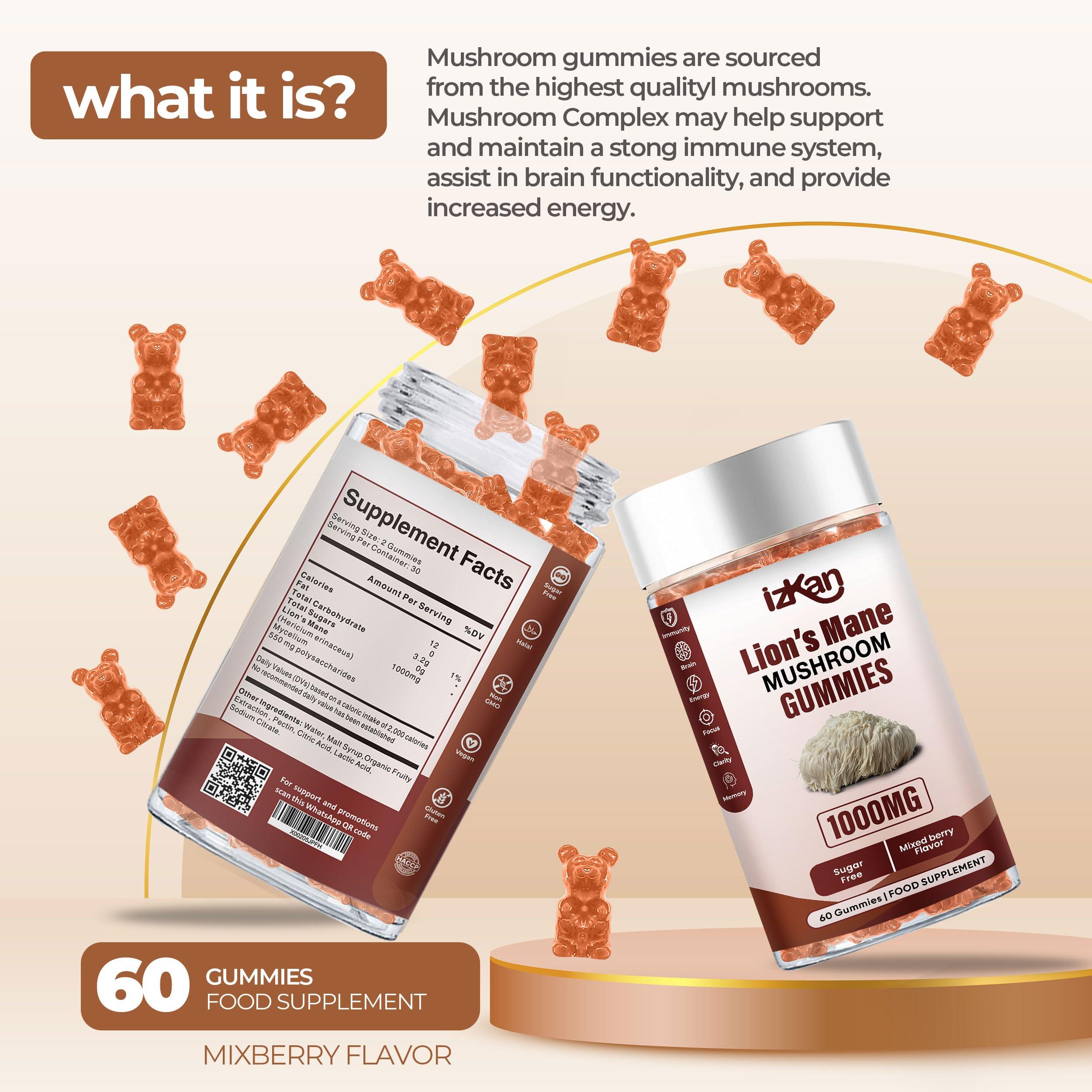 Izkan Mushroom Gummies 1000mg - Lion Mane Mushroom Gummies Supplement Promotes Focus, Memory, and Mood - 60 Count (Mixed Berry Flavor, Halal, Gluten-Free, Vegan) (2)