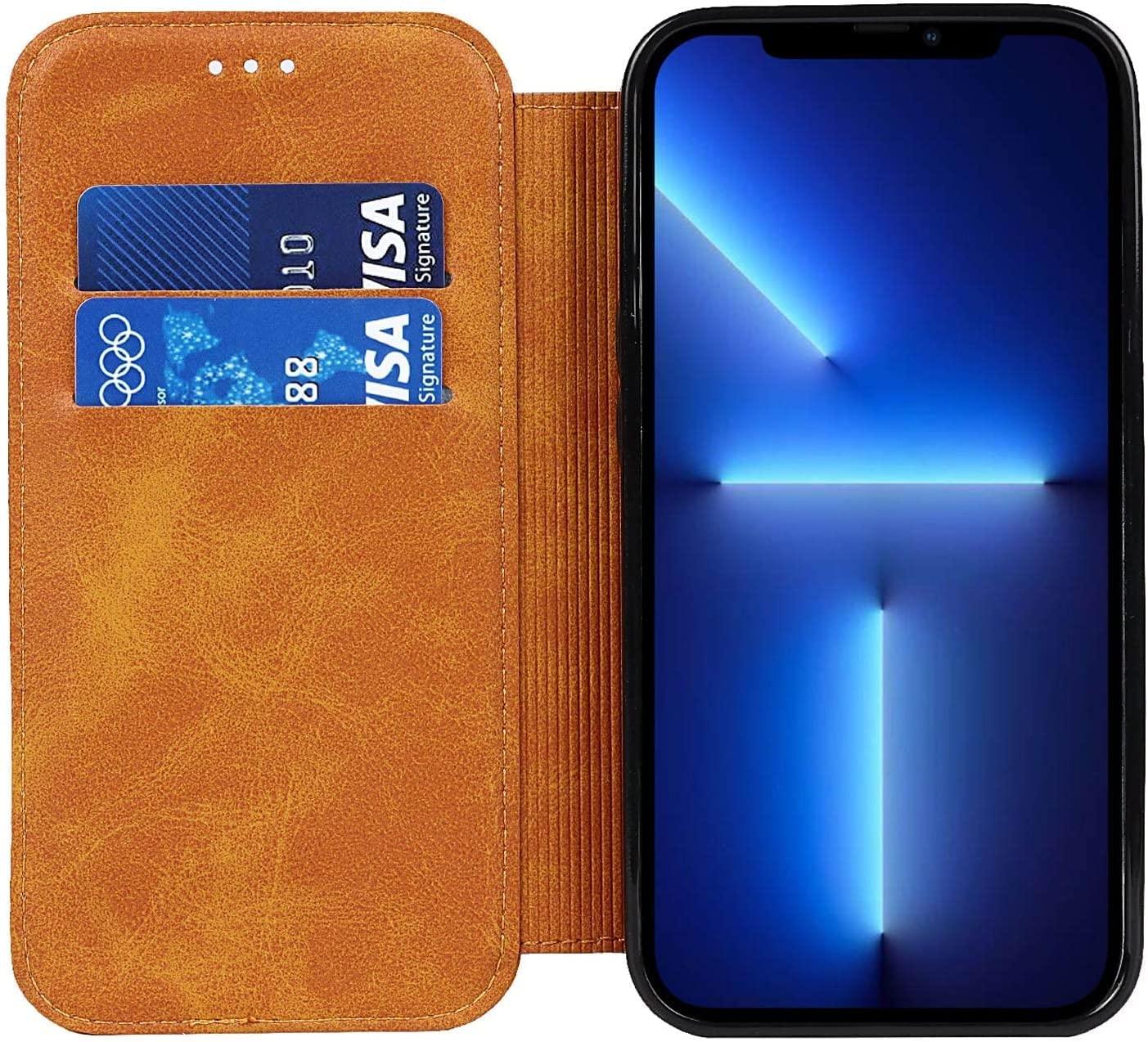 BRART BRART Wallet Case for iPhone 13/13 Pro/13 Pro Max, PU Leather Magnetic Protective Flip Case Cover with Credit Card Slot Viewing Stand Shockproof TPU (Color : Yellow, Size : 13pro max 6.7\")