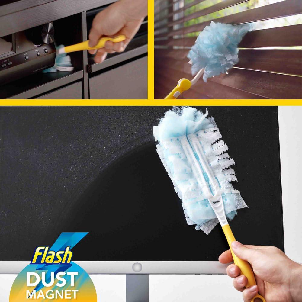 FLASH Flash Duster Dust Magnet Starter Kit, Dusters, 1 Handle + 14 Refills, Trap And Lock Away Dust, Dirt And Hair In No Time, Flash Dust Magnet Refill