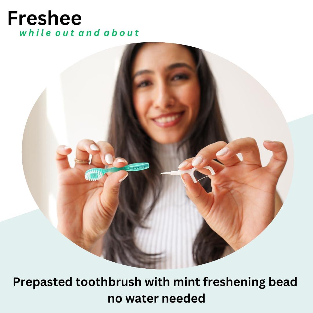 Freshee Freshee Bead - 5 in 1 Disposable Mini Toothbrush with Toothpaste + Floss + Pick + Tongue Scraper | Travel Size | Individually Wrapped | Soft | Extra Minty | Travel Set | Oral Care