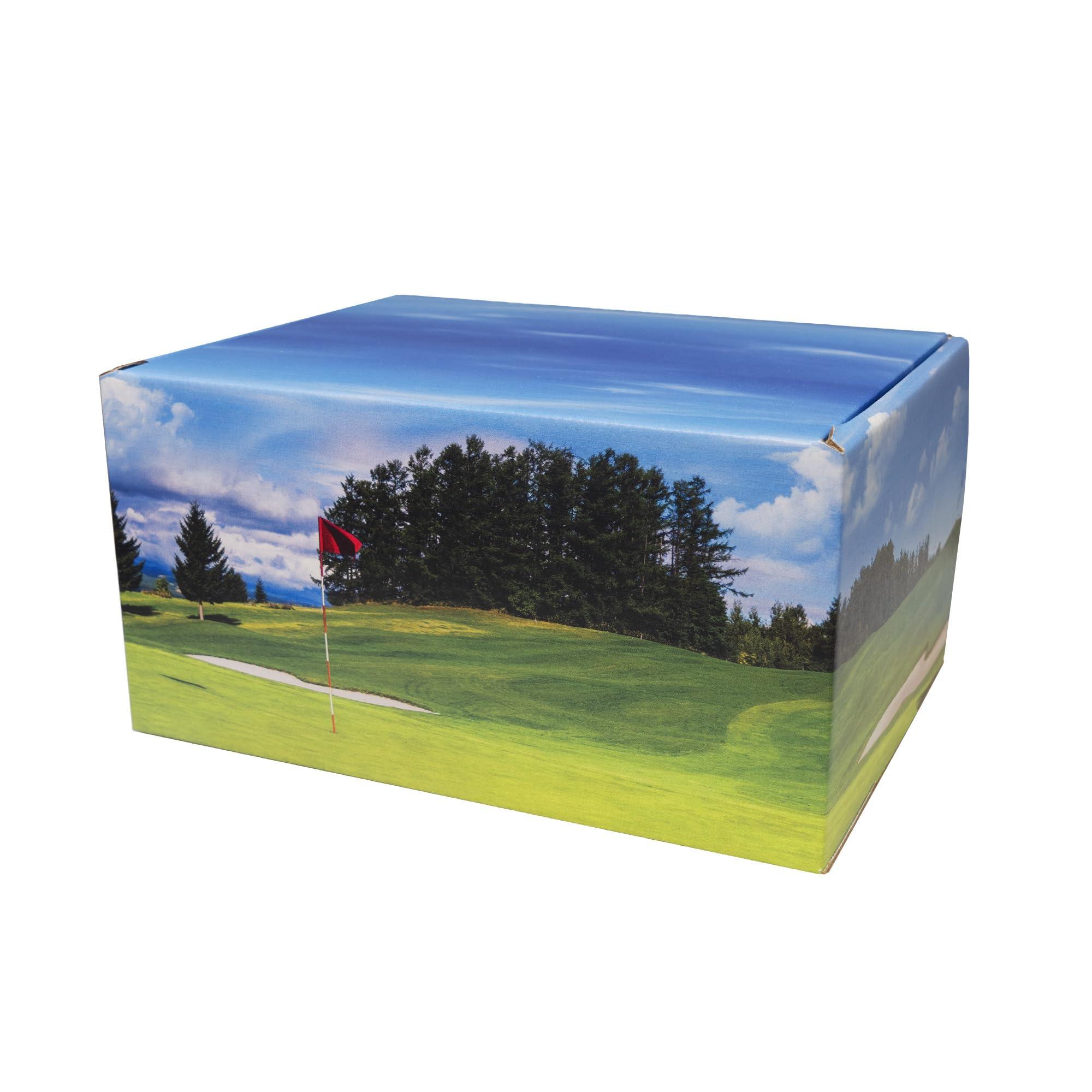 Mainely Urns Golf Themed TSA Approved Fly-Safe and Temporary Travel Cremation Urn Kit for Human Ashes - Airline and Mail Friendly - 200 Cubic Inch Capacity - Green Plastic Urn with Fairwary Mailing Box