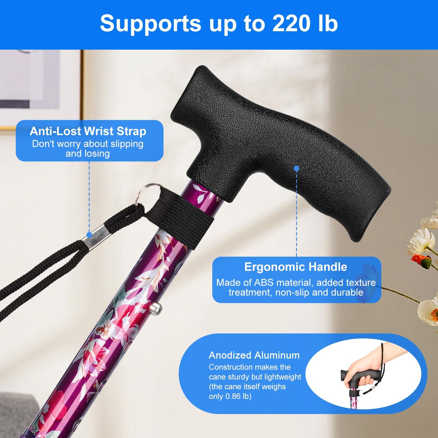 supregear supregear Walking Cane for Men and Women - Foldable, Adjustable, Collapsible, Free Standing Cane with Pivot Tip, Heavy Duty Walking Sticks, Sleek Folding Sticks for Seniors and Adults, Floral Purple