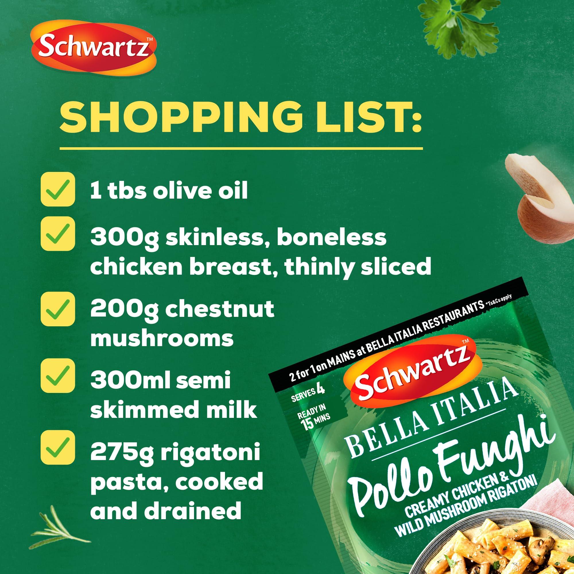 Schwartz Schwartz x Bella Italia Pollo Funghi Creamy Chicken & Wild Mushroom Rigatoni Recipe Mix, 30g