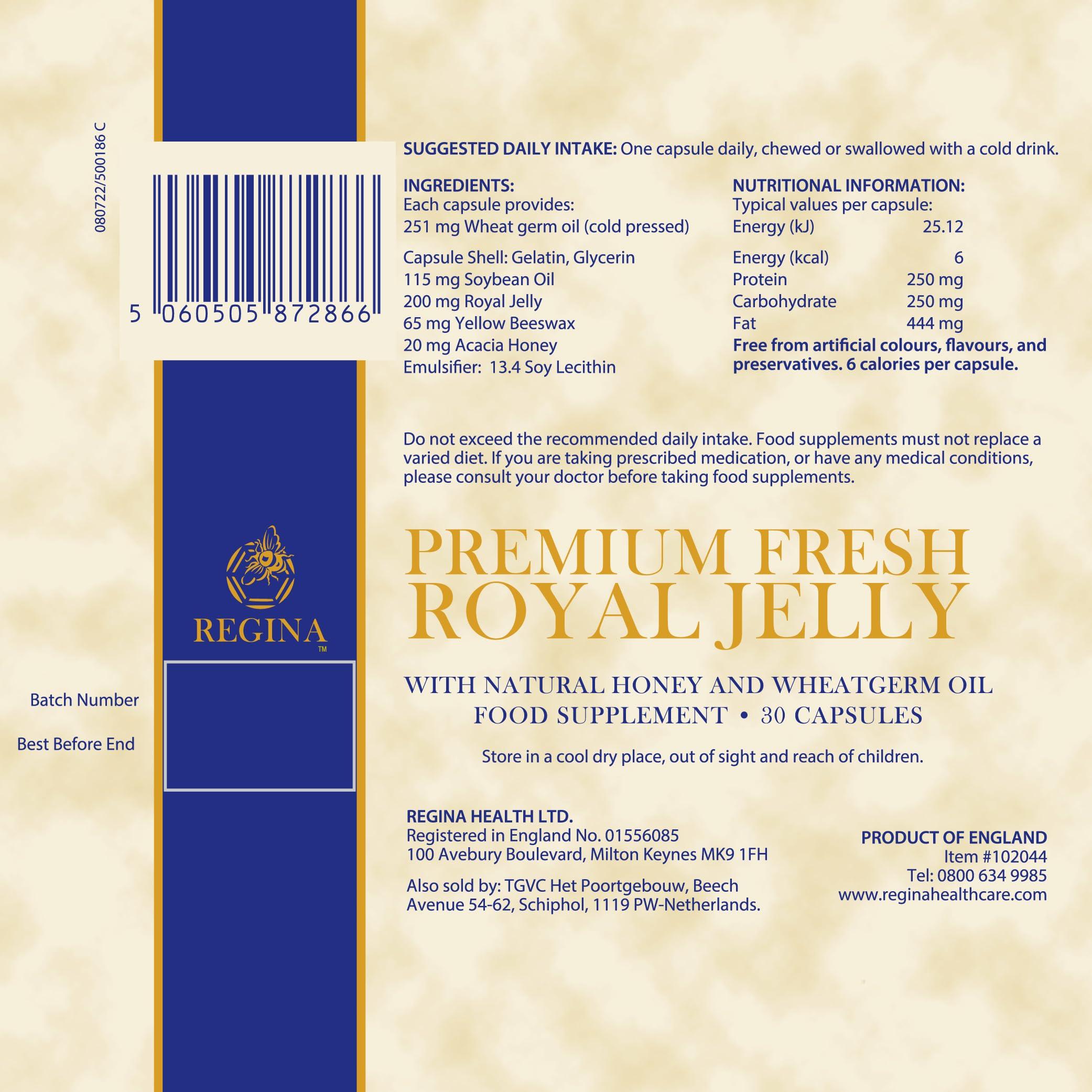 Regina Royal Regina Premium Fresh Royal Jelly: 30 Softgel Capsules with 200mg Organic Royal Jelly (Australian Source) & Acacia Honey, Minimum 6% 10-HDA. Supports Immunity, Energy, Cellular Health