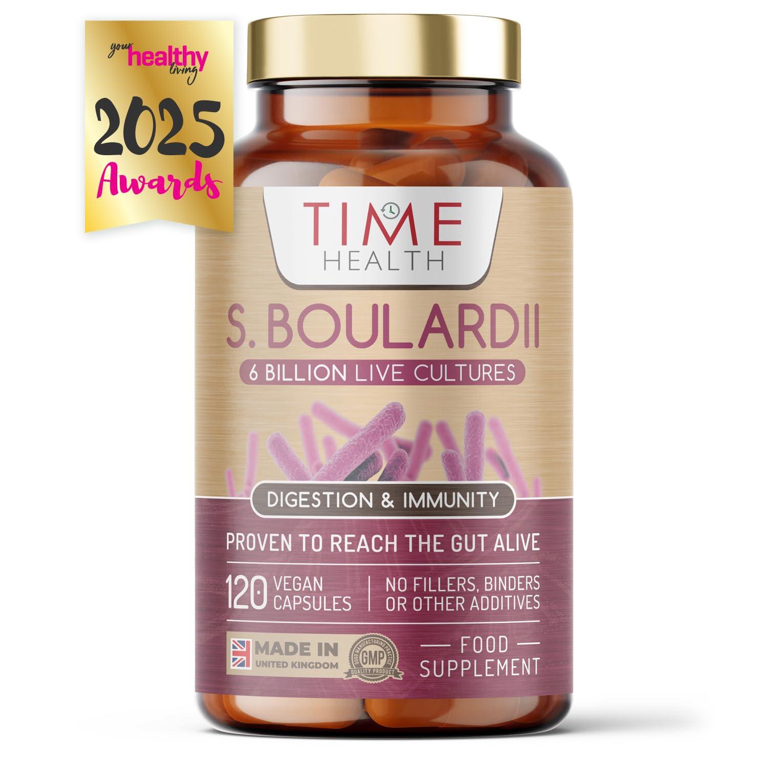 Time Health New: Saccharomyces Boulardii Probiotic 6 Billion CFU 120 Capsules Travel Ready S Boulardii (No Refrigeration Required) Proven to Reach The Gut Alive Vegan GMP UK Supplement