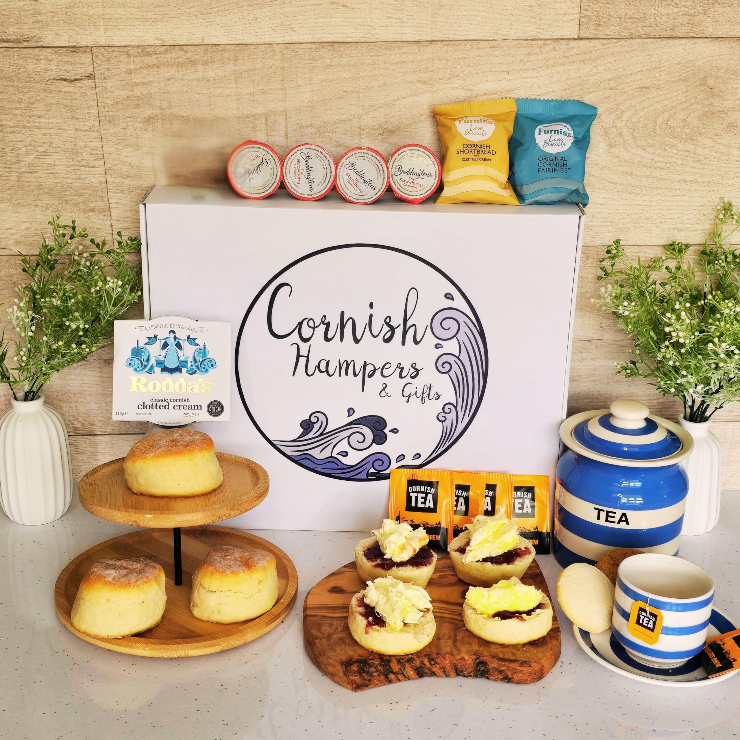 Marielle Traditional Cornish Cream Tea For 4, Afternoon Tea, Postal Hamper, Includes Fresh Scones, Tea, Jam and Roddas Clotted Cream & Biscuits