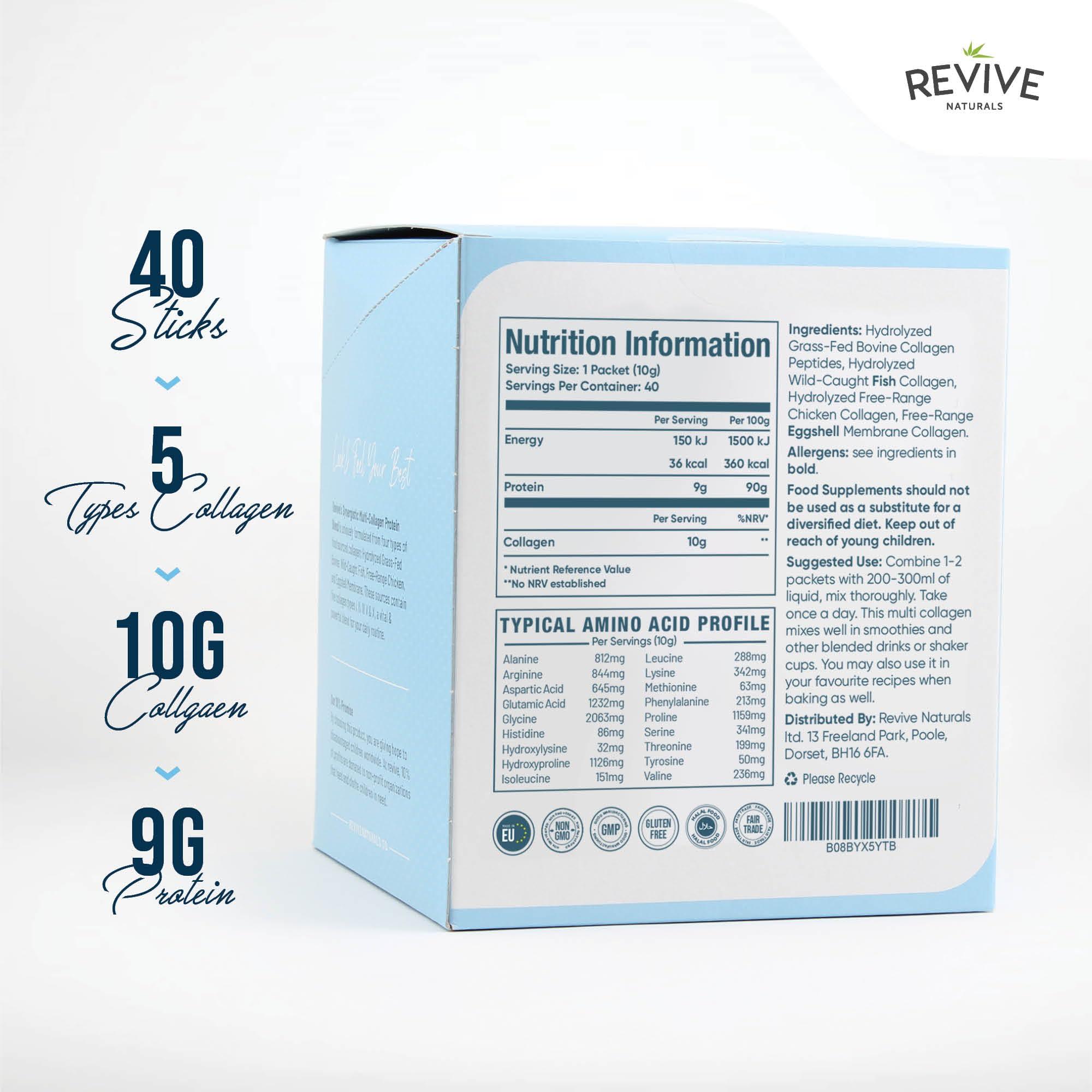 Revive Naturals Multi Collagen Protein Powder Packets - Types I, II, III, V & X - Hydrolyzed Grass Fed Bovine, Wild Caught Fish, & Free-Range Chicken & Eggshell Collagen. Non-GMO, Halal, (10g Each, 40 Packets)
