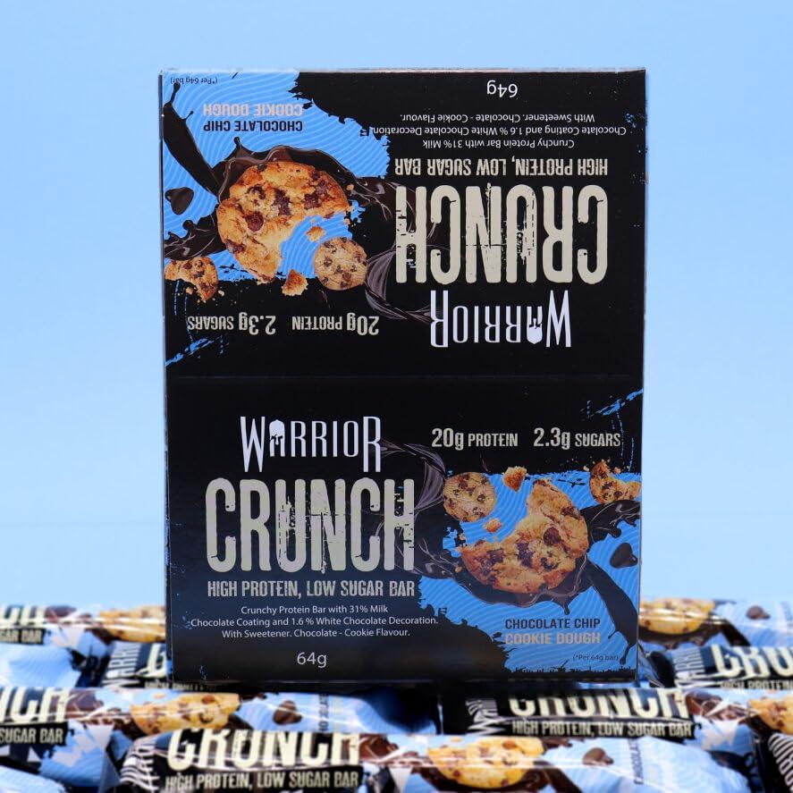 Warrior Warrior Crunch - High Protein Bars - 20g Protein Each Bar - Low Carb, Low Sugar Snack - 12 Pack x 64g (Chocolate Chip Cookie Dough)