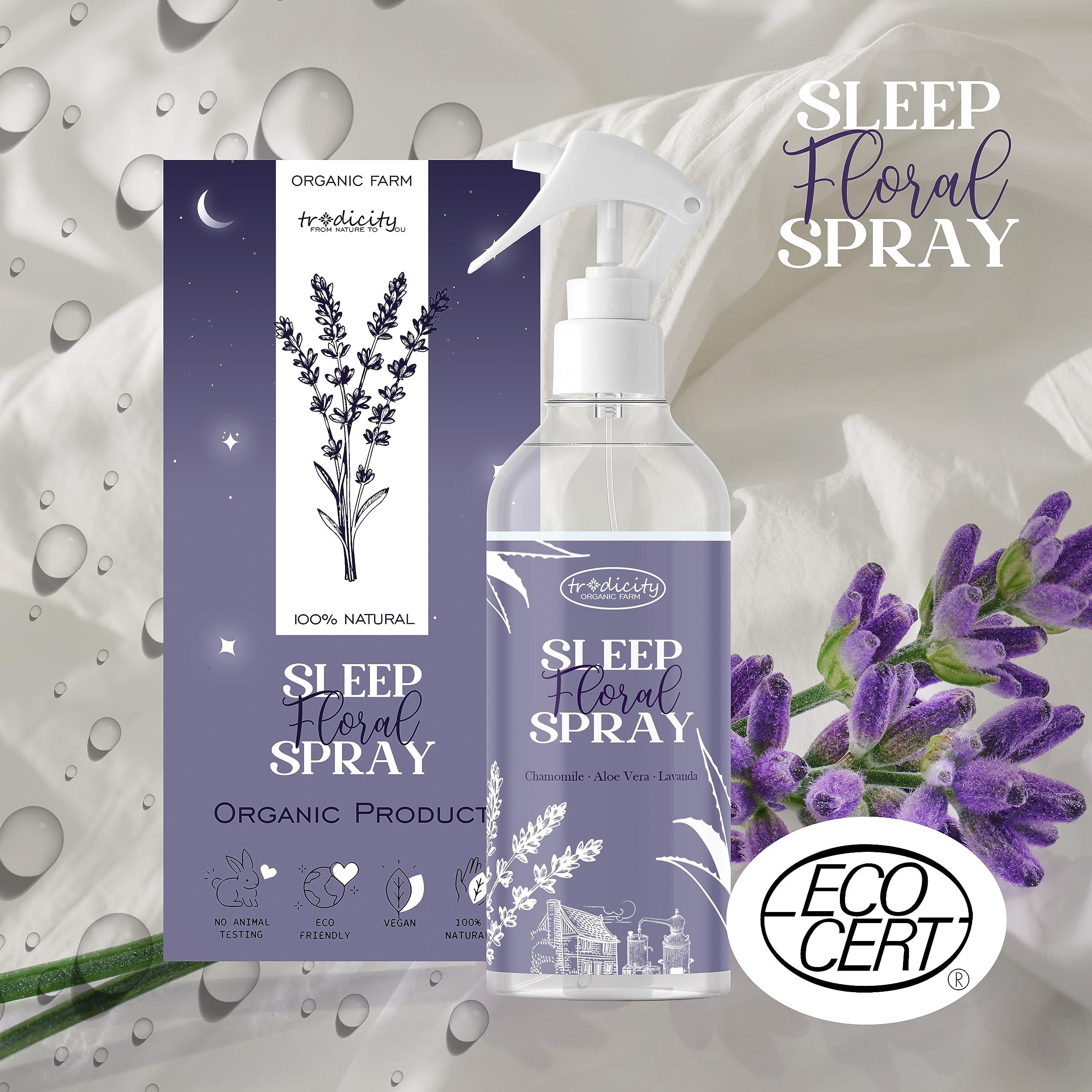 tradicity ORGANIC FARM Deep Sleep Pillow Spray for a Better Sleep 250ml Pillow Mist Lavender (Relaxing), Aloe Vera (Oxygen) and Chamomile (Calming) Essential Oils Bedtime Sleeping Mist Calm Down Sleep Spray