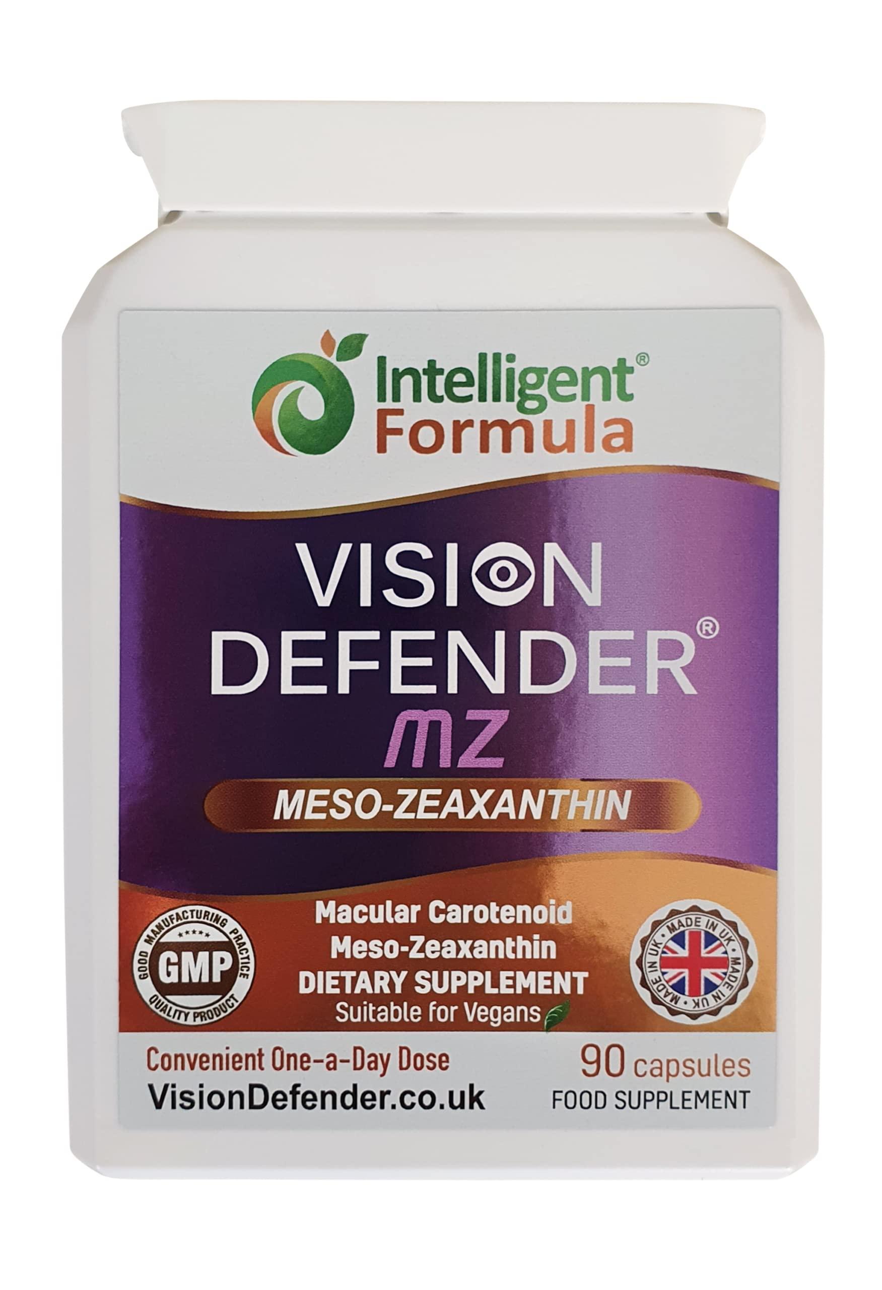 Intelligent Formula Meso Zeaxanthin Supplement - VISION DEFENDER MZ High Strength Eye Vitamins Nutrients & Antioxidant Carotenoid for Ocular Health, Eye Care & Eyesight Support Vegan (90 capsules/One-A-Day) Made in UK