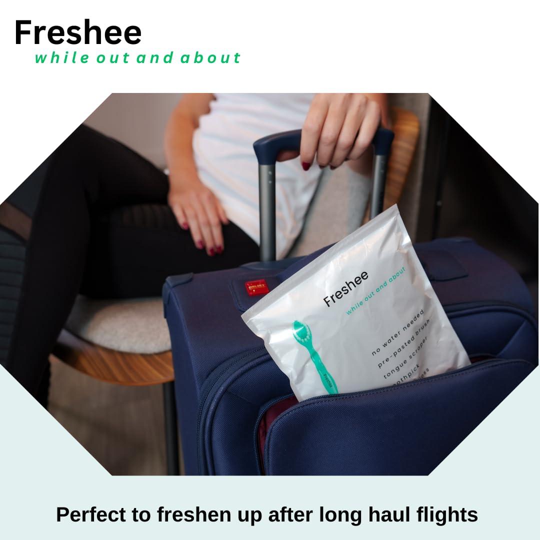 Freshee Freshee Bead - 5 in 1 Disposable Mini Toothbrush with Toothpaste + Floss + Pick + Tongue Scraper | Travel Size | Individually Wrapped | Soft | Extra Minty | Travel Set | Oral Care