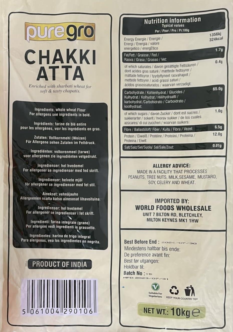 Puregro Puregro CHAKKI ATTA 10Kg | 100% Whole Wheat Traditional Indian Flour | Make Rotis & Chappatis.