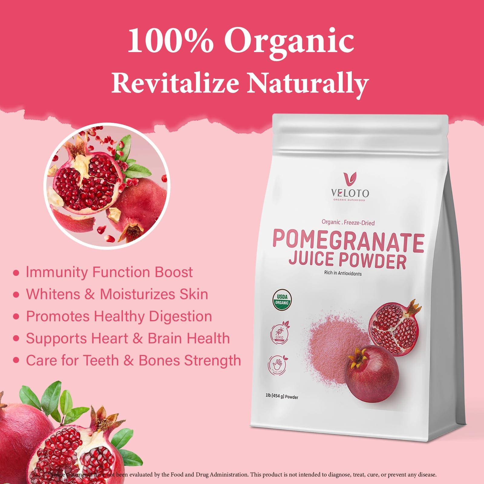 VELOTO Organic Pomegranate Juice Powder, Pure Pomegranate Powder Fruit Freeze Dried Powder, Natural Vitamin C Vegan Sweetener Superfoods for Smoothies, Yogurt & Shake, Gluten Free, Non GMO, 1 lb