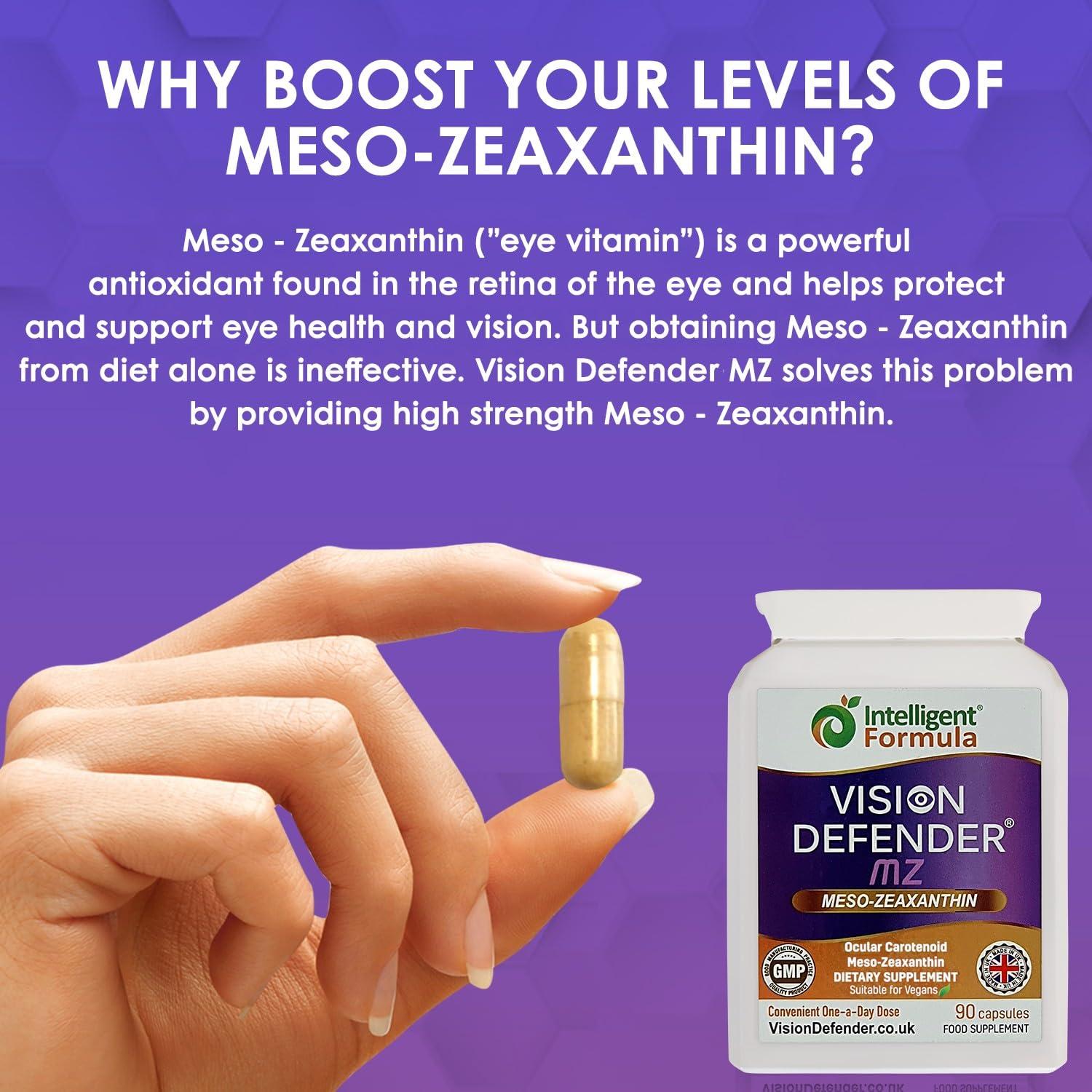 Intelligent Formula Meso Zeaxanthin Supplement - VISION DEFENDER MZ High Strength Eye Vitamins Nutrients & Antioxidant Carotenoid for Ocular Health, Eye Care & Eyesight Support Vegan (90 capsules/One-A-Day) Made in UK