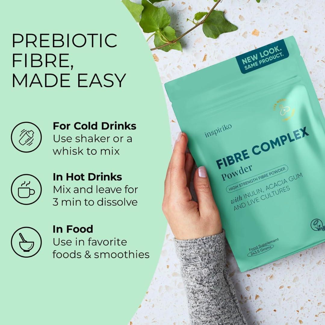 Inspiriko 15g Soluble Fibre Supplement - 50% NHS Daily Prebiotic Fibre Powder with Inulin, Acacia Gum, 2 Billion CFU in Probiotics Powder. 6-in-1 Tasteless Prebiotics for Gut Health, 240 Grams