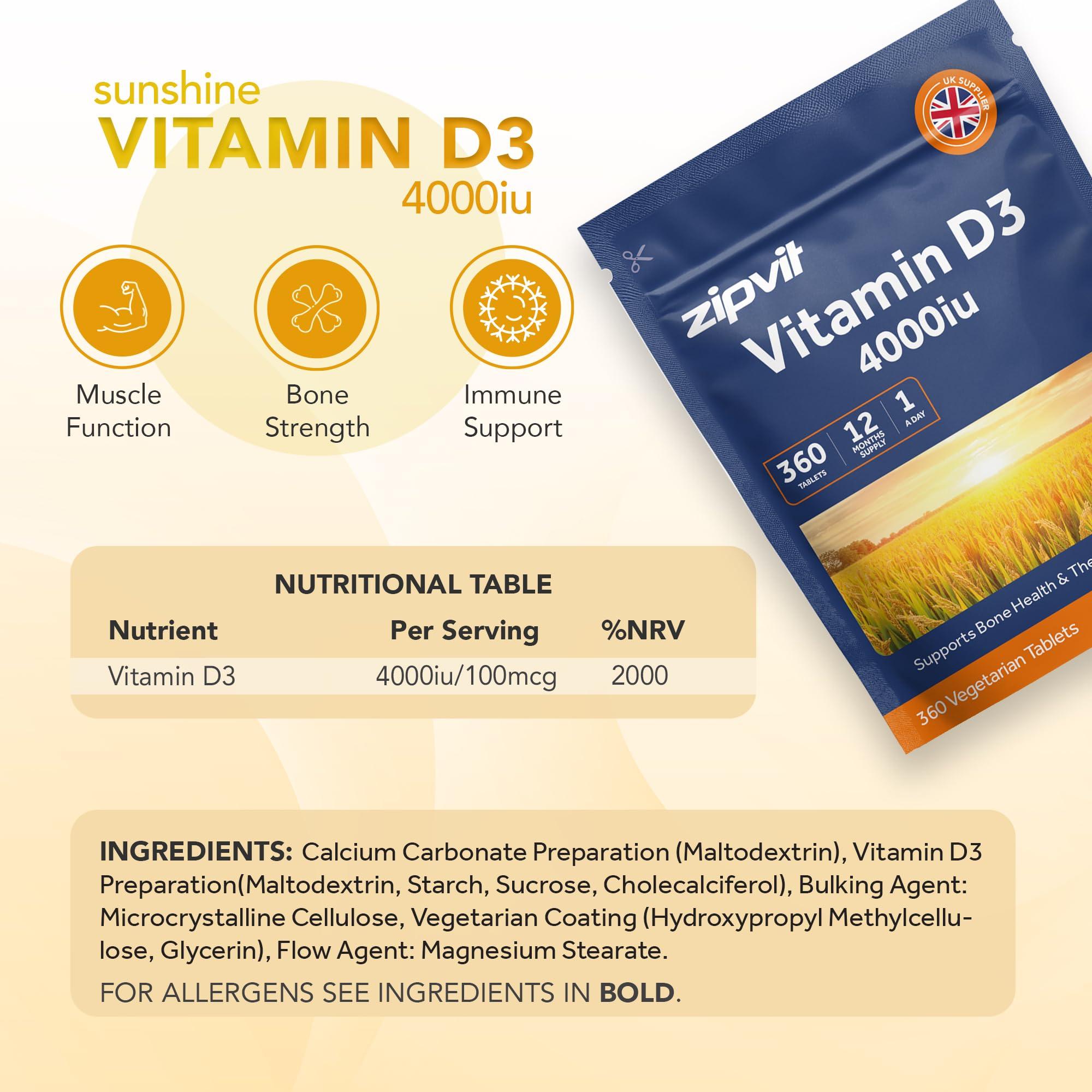 Zipvit Zipvit Vitamin D3 4000 IU, 360 Maximum Strength Vitamin D Tablets, 12 Months Supply, Vegetarian, 1 a Day, VIT D3 As Cholecalciferol, Supports Bones Muscles, Immune System